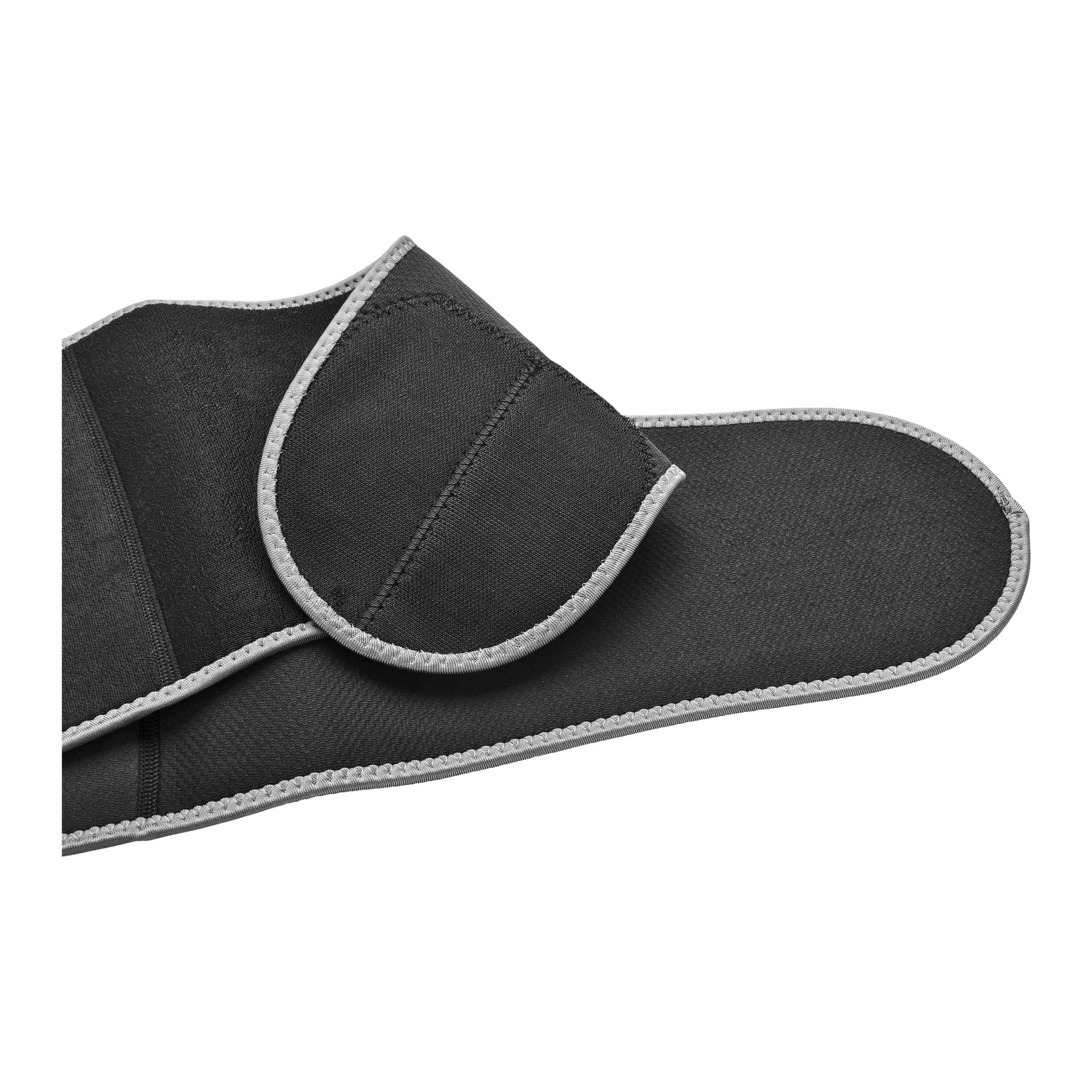 Et Bluewear Backrest Midjetrimmerbelte laget av svart neopren med grå kant, delvis åpent for å vise borrelåsen.