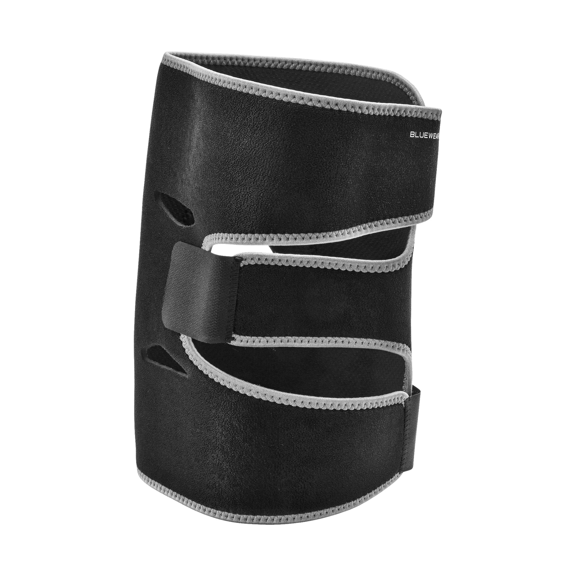 Svart neopren-knästöd med grå kanter och två kardborreband, tillverkade av Bluewear, avsedda att ge kompression och stabilisera knät.
