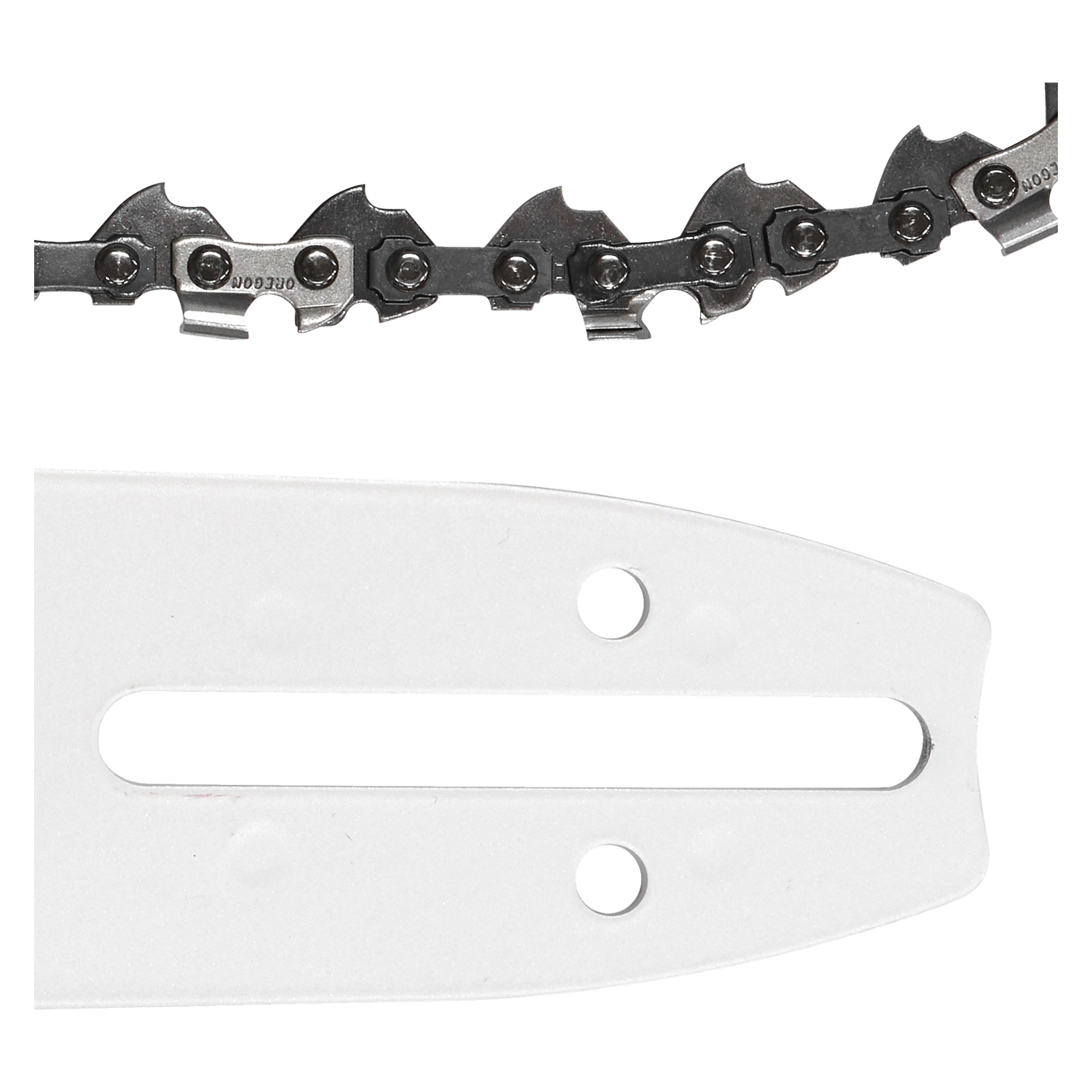 Närbild av Oregon Bar and Saw Chains Single Rivet / Advance Cut-setet (3 delar), med metallkedjan vilande på den vita bladstången. Fokus ligger på detaljerade mekaniska funktioner som monteringshål och kedjejusteringsspåret.