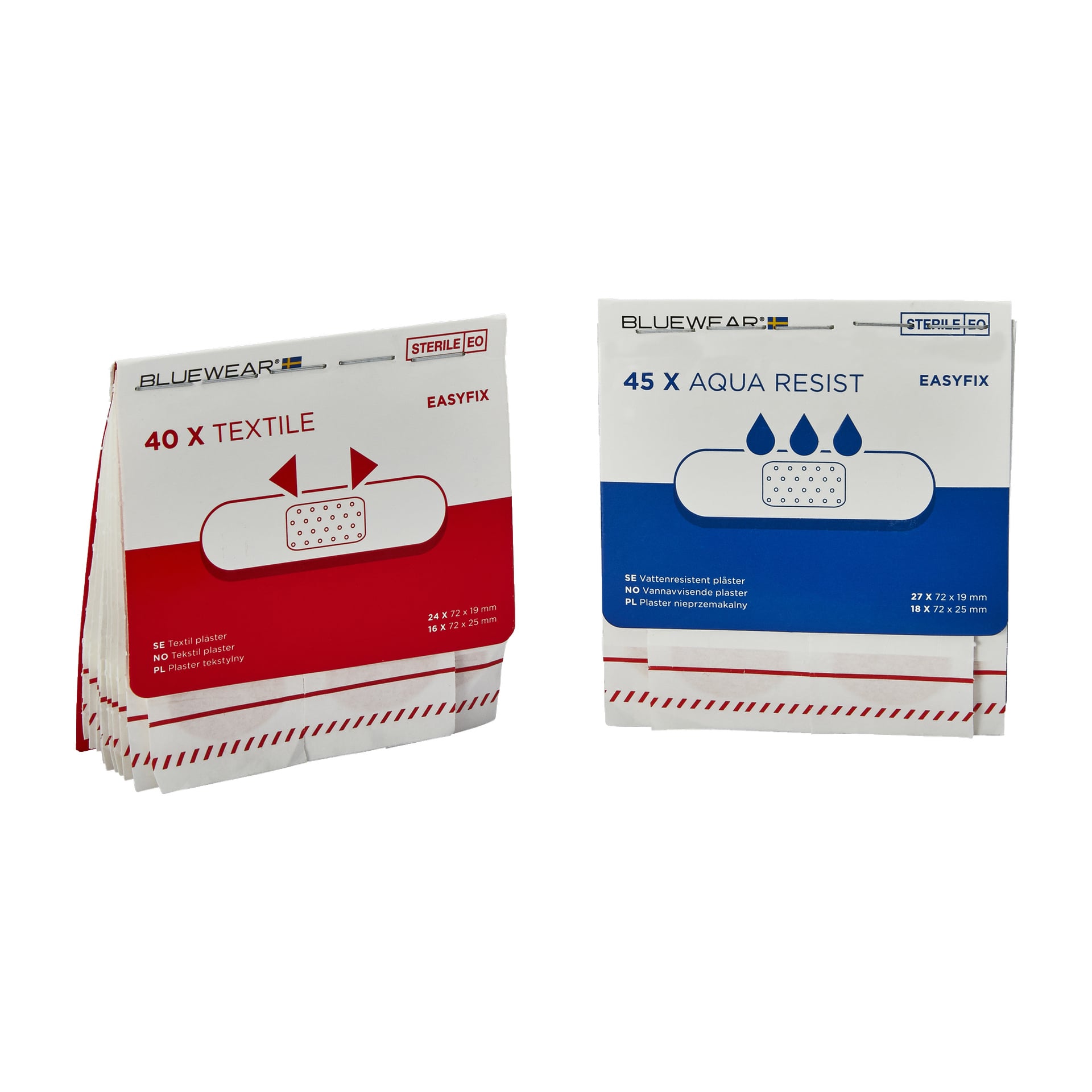Två upprättstående Bluewear Plasters Easyfix-lådor, vardera innehållande 85 bitar. En låda visar "40 x Textile" i rött, den andra "45 x Aqua Resist" i blått. Båda lådorna har illustrerade bandage och visar produktinformation på förpackningen.