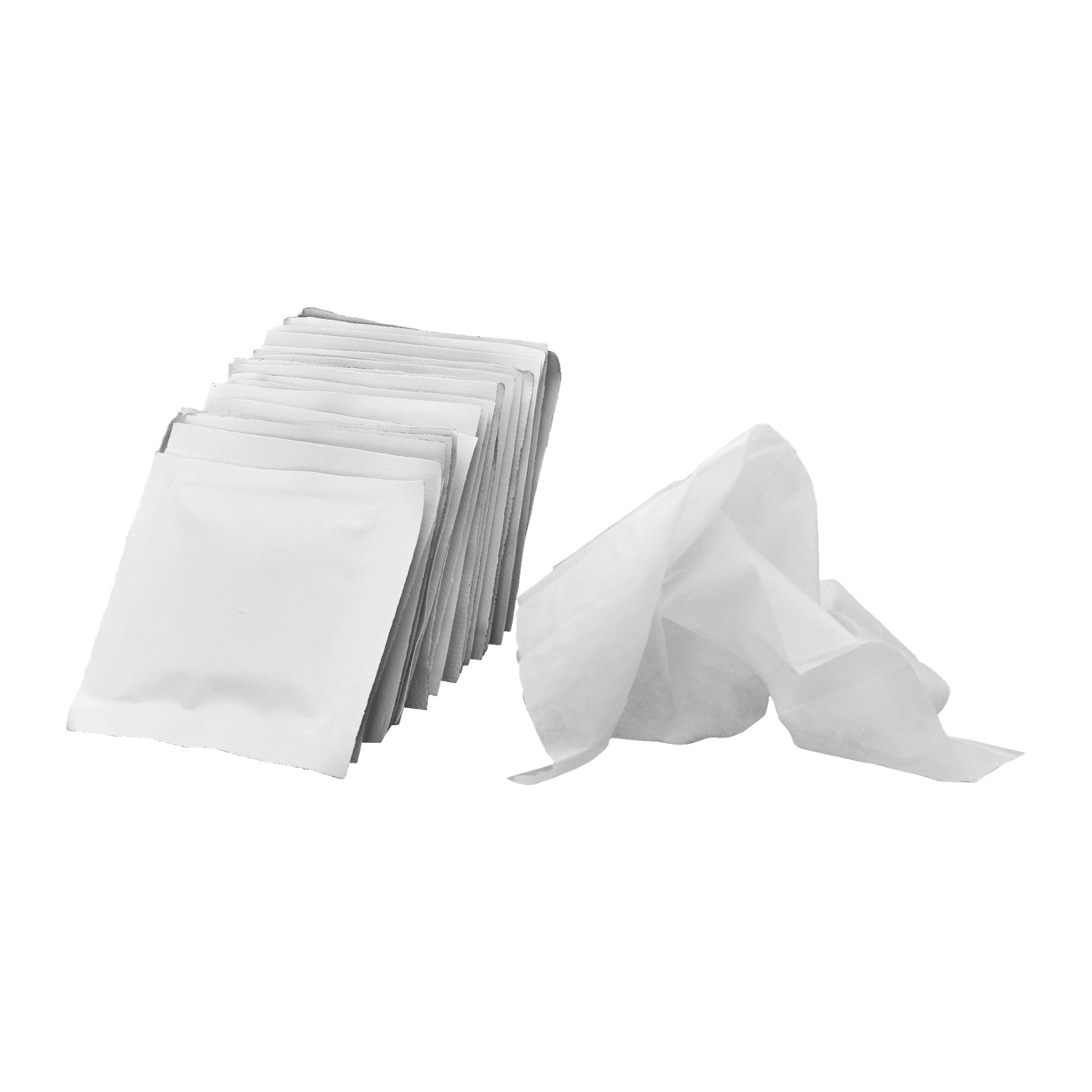 Ett 20-pack Bluewear Cleaning Compress är staplat till vänster, varje kompress individuellt inslagen, med en öppen och utlagd till höger.
