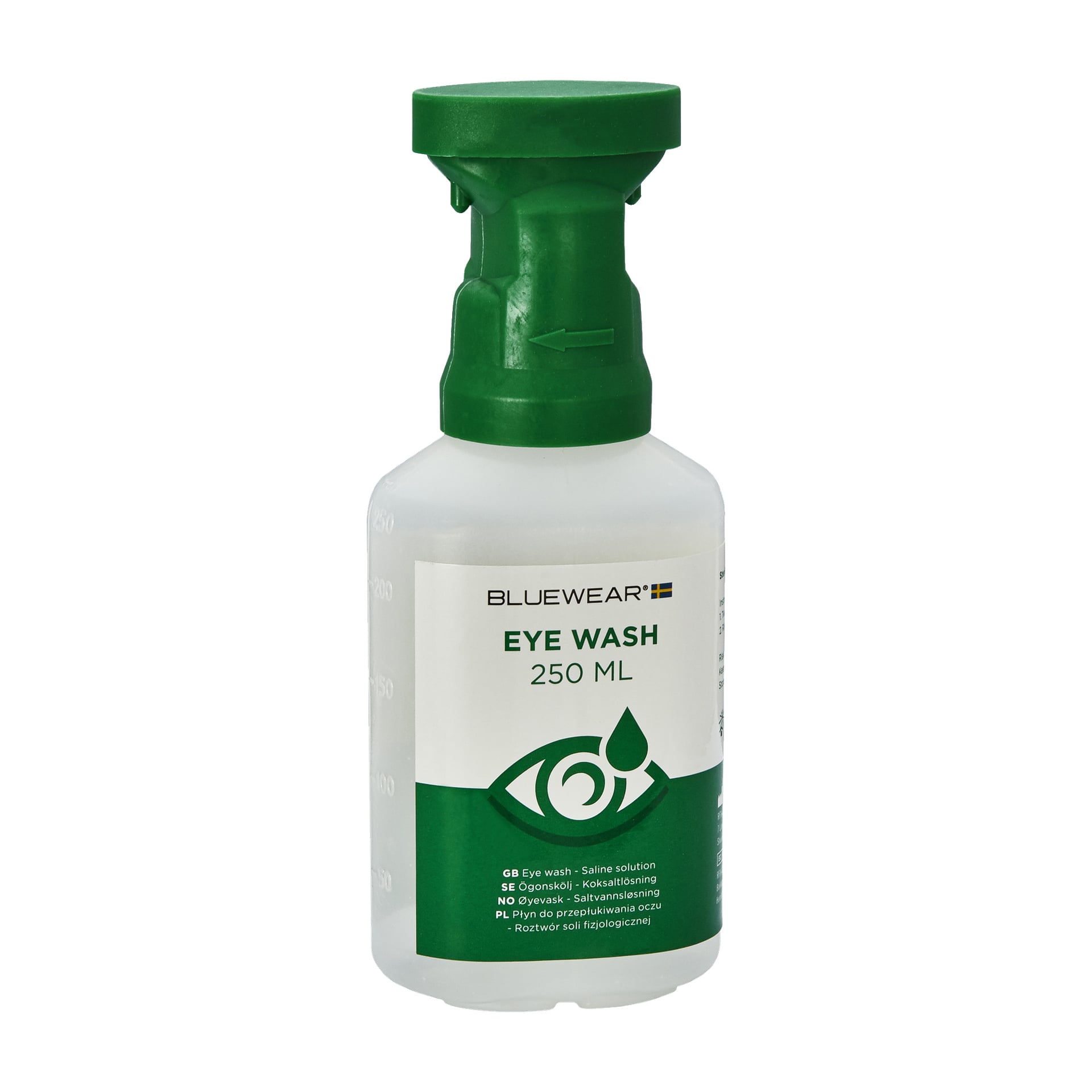250 ml Bluewear Eye Wash -pullo, jossa on vihreä korkki ja suutin. Etiketissä näkyy tuotteen nimi, käyttöohjeet sekä silmäkuvake, jossa on vesipisara.