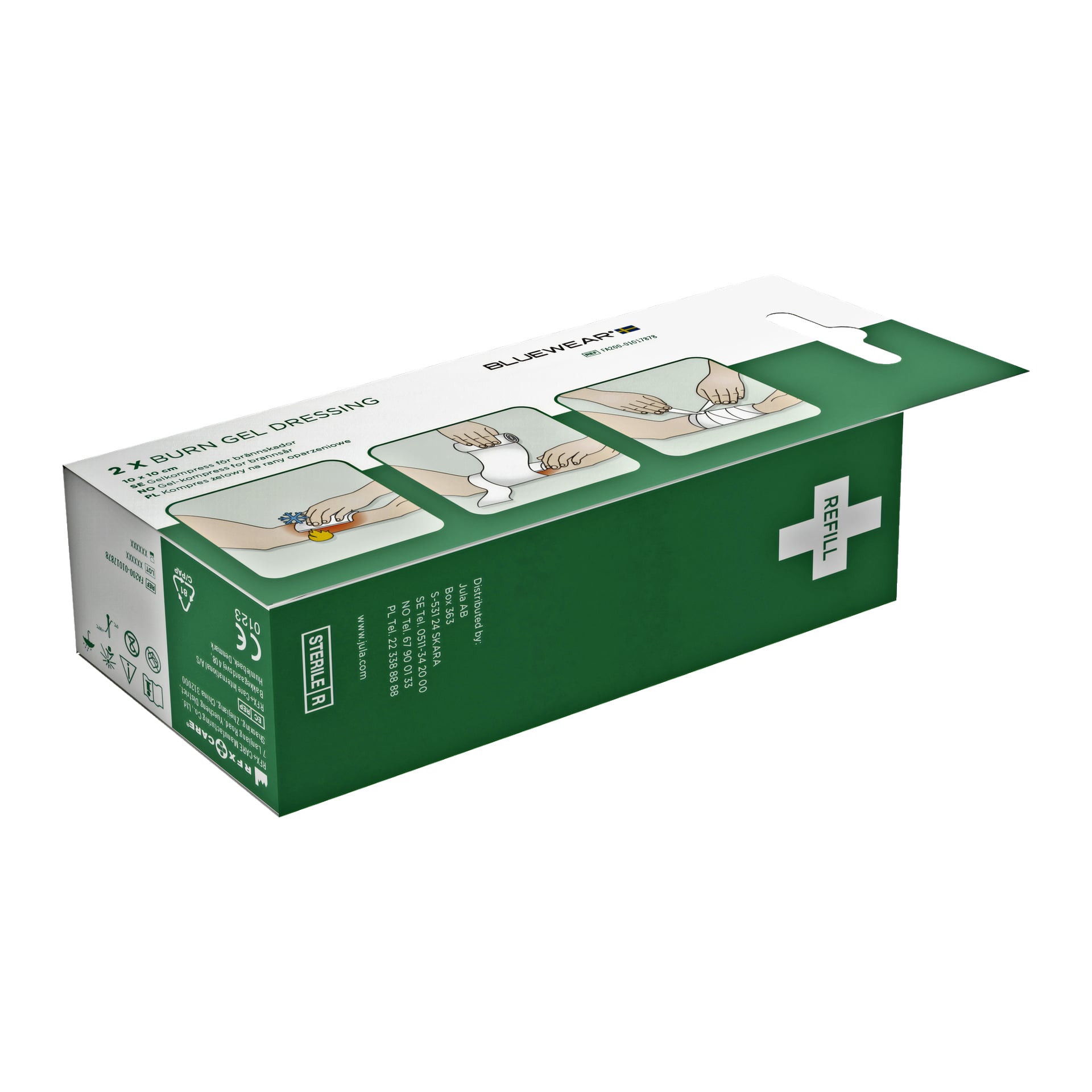 Zielono-białe pudełko z nazwą "Bluewear Burn Dressings 2 Pack" oraz ilustrowaną instrukcją opisującą trzy kroki użycia opatrunku przeciw oparzeniom.