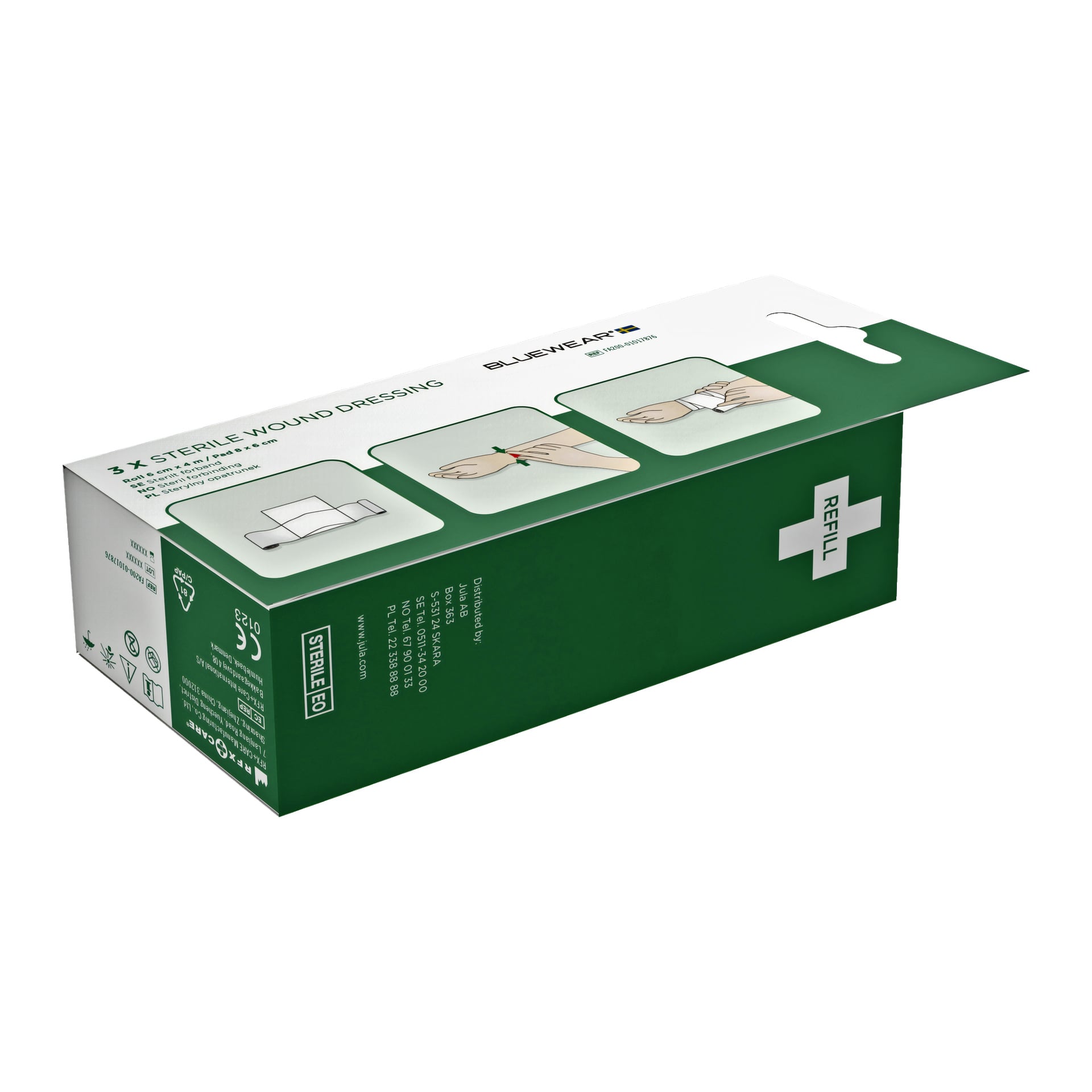 En grön och vit låda märkt REFILL innehåller tre sterila tryckbandage. Förpackningen innehåller illustrerade steg-för-steg-instruktioner för att fästa bandaget på ett finger och visar varumärket Bluewear.