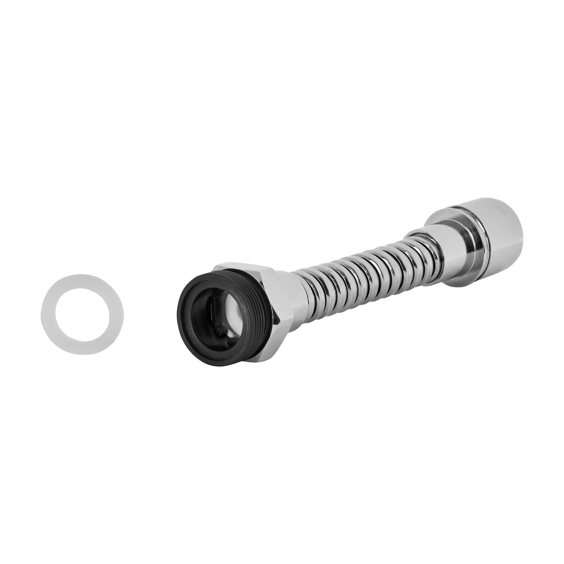 En Curaqua Kitchen-dusch visas och framhäver en flexibel spiralad metallkontakt med en sexkantsmut, bricka och gängade ändar utformade för enkel fästning.