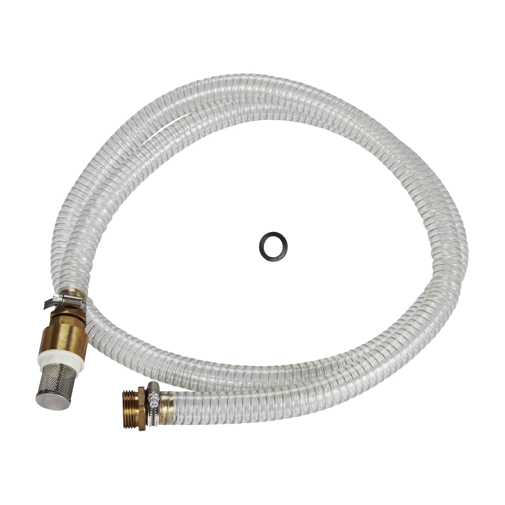 Hamron dieselpump med en spiralad klar slang, metallkopplingar, nätfilter, mässingskoppling och en svart gummibricka i loopen.