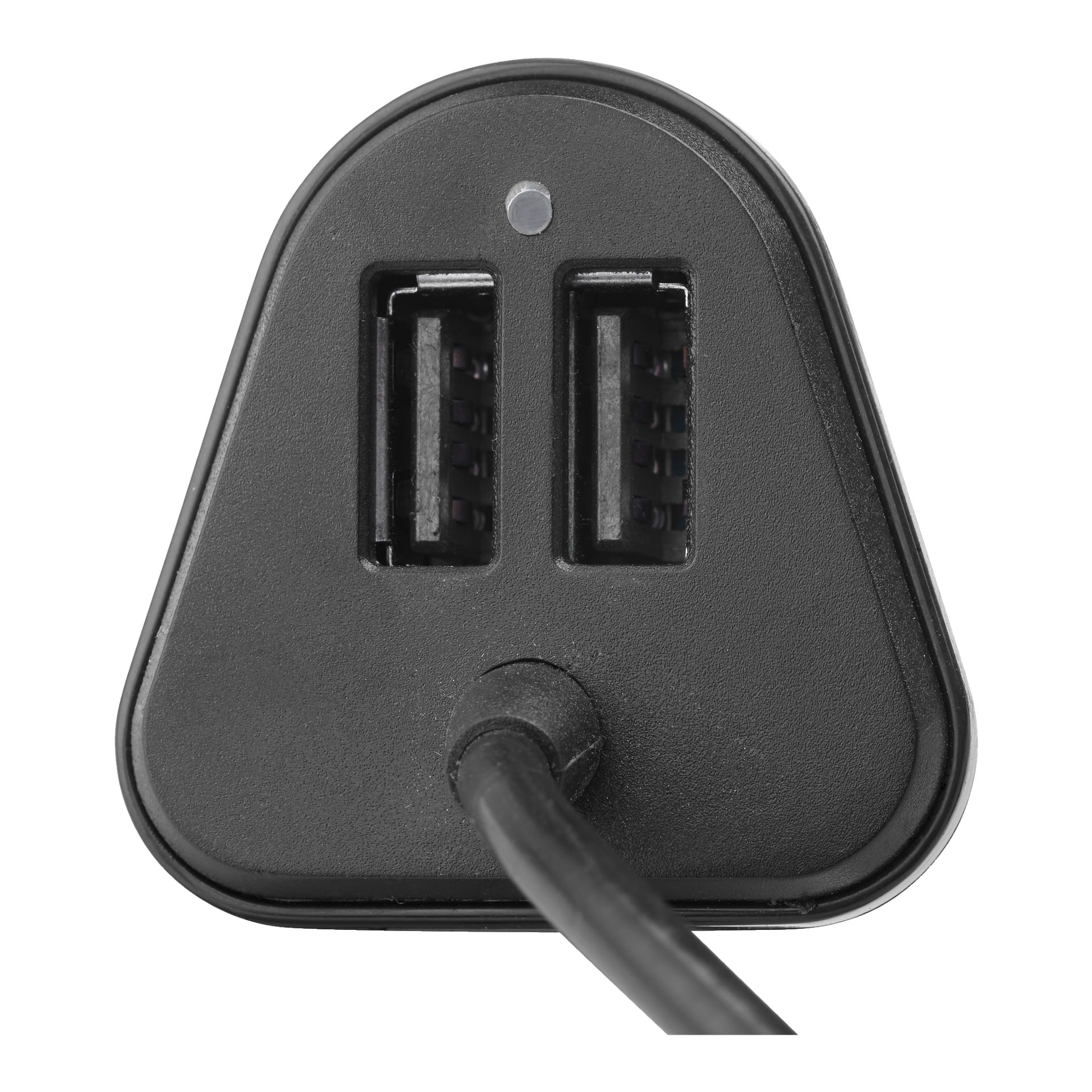 W zbliżeniu pokazano czarną ładowarkę do samochodu Hamron, wyposażoną w dwa prostokątne porty USB, małą okrągłą lampkę kontrolną umieszczoną nad nimi oraz pojedynczy kabel wychodzący z dołu.