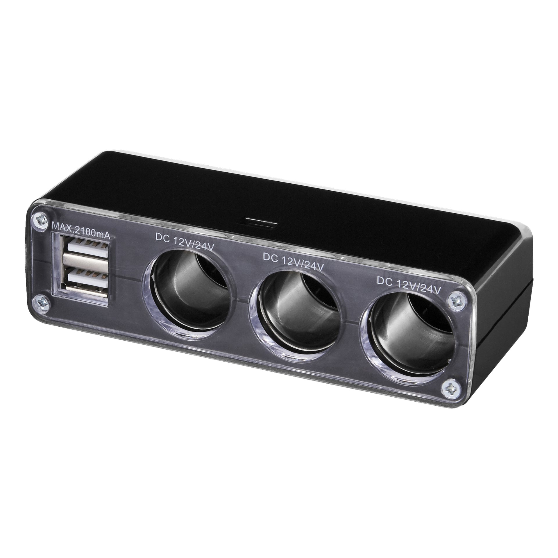 En svart Hamron-strømstripe for biler med tre DC 12V/24V-kontakter og to USB-porter (opptil 2400mA), ideell for lading eller strøm til flere enheter i bilen din.