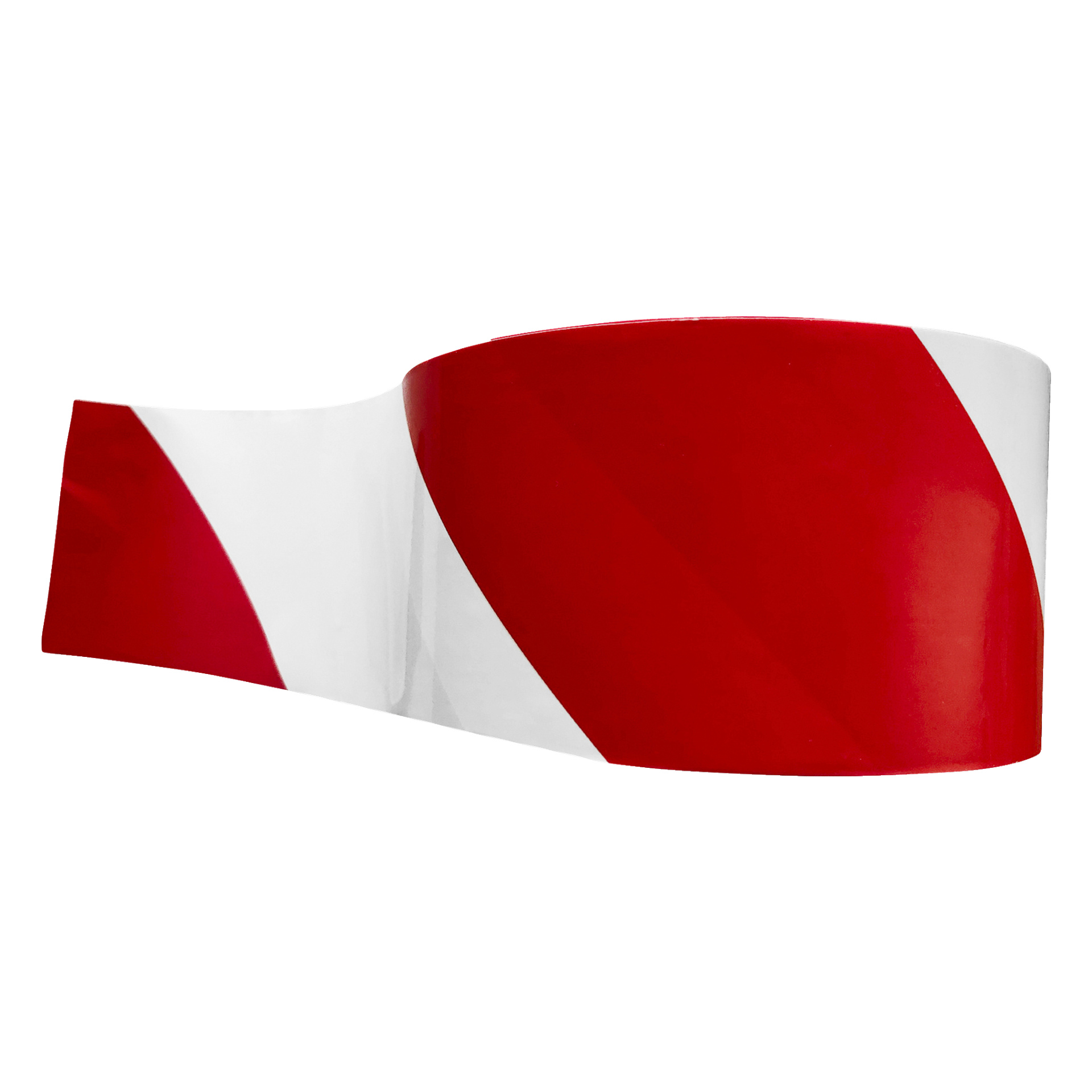 En närbild av en delvis avrullad Hamron Barrier-tejp, som visar dess blanka röda och vita diagonala ränder, som ofta används för att avspärra begränsade eller farliga zoner.