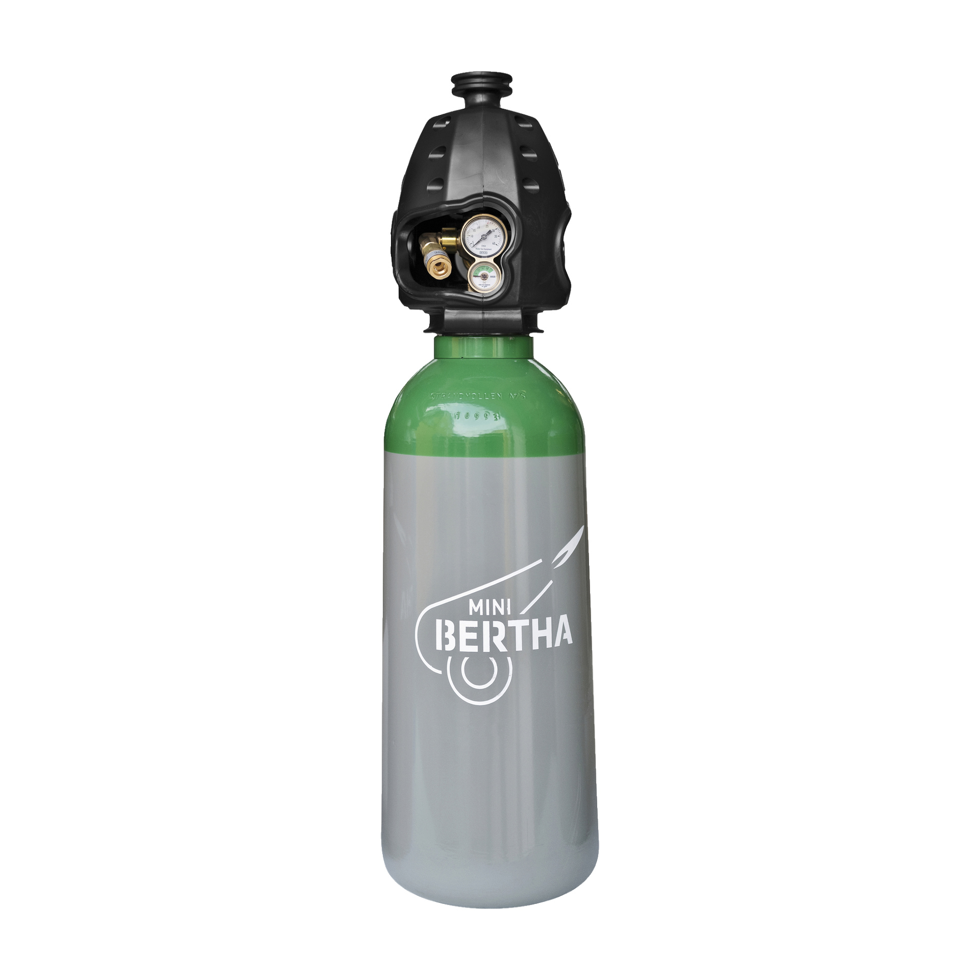 En hög, cylindrisk Strandmöllen MiniBertha Argon gasflaska i grönt och grått, utrustad med en svart ventilregulator och en tryckmätare högst upp.