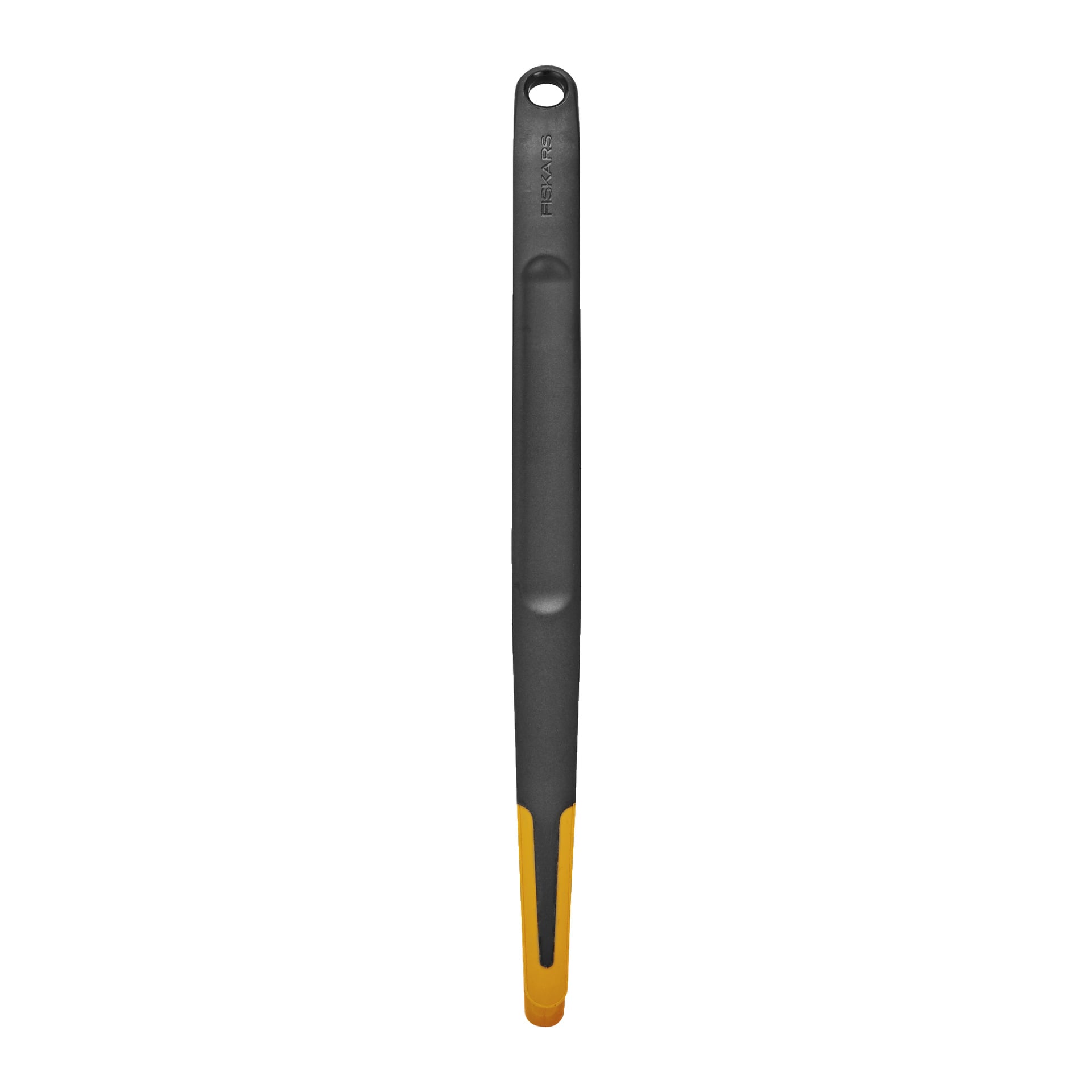 Närbild av Fiskars Tongs Functional Form, med en slank svart och orange design med en smal profil och ett hängande hål i änden.