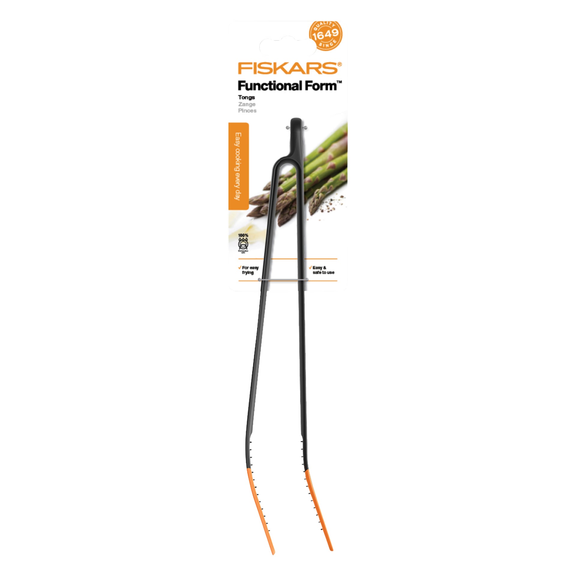 Fiskars Functional Form-tänger förpackade i svart och orange, med sparrisbilder på förpackningen. Etiketten betonar deras syfte med fritering och främjar deras praktiska design och användarvänliga funktioner.