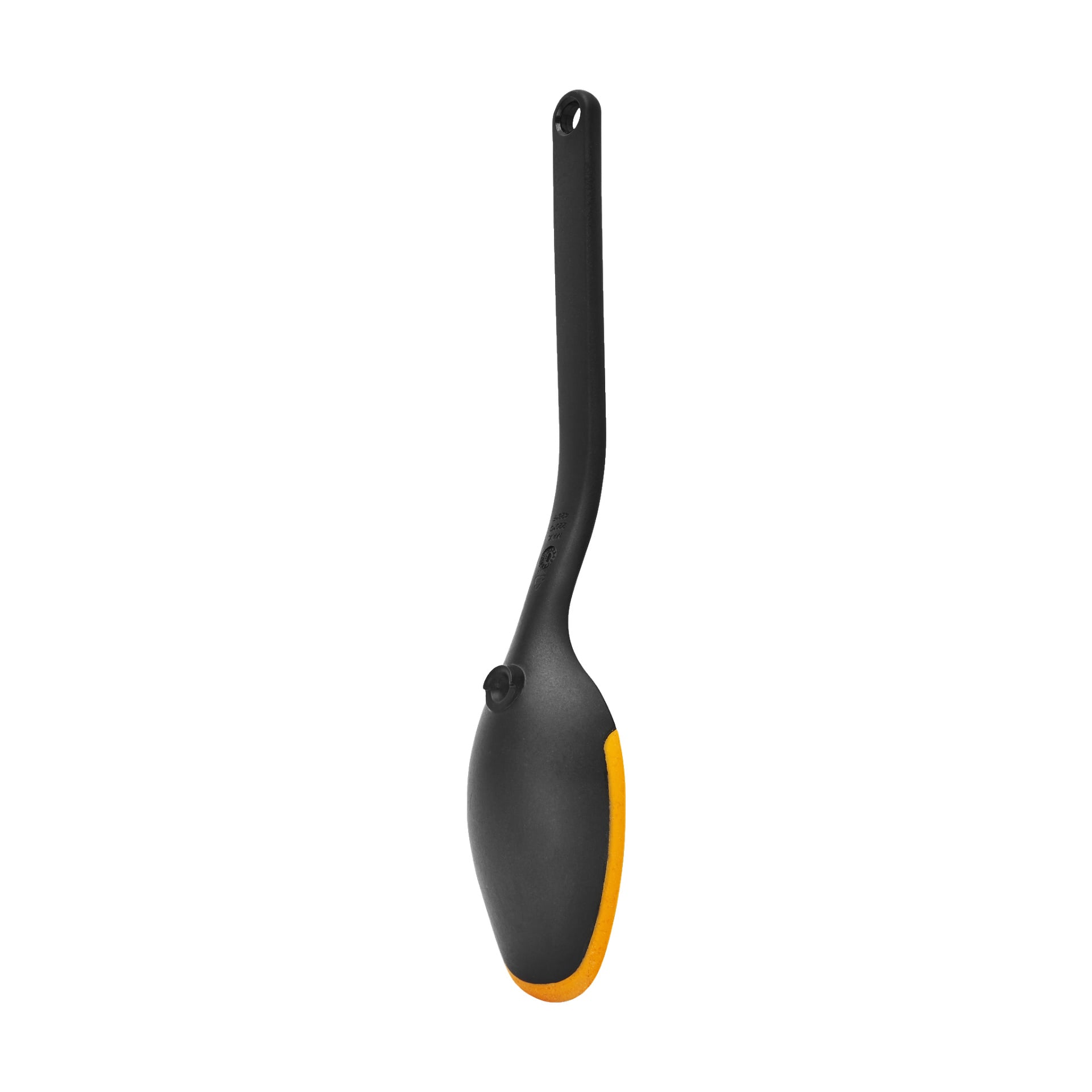 En svart långskaftad "Spoon Functional Form" duschborste från Fiskars med ovalt huvud, ljusgul svamp på undersidan och en liten sugkopp på baksidan av borsthuvudet.