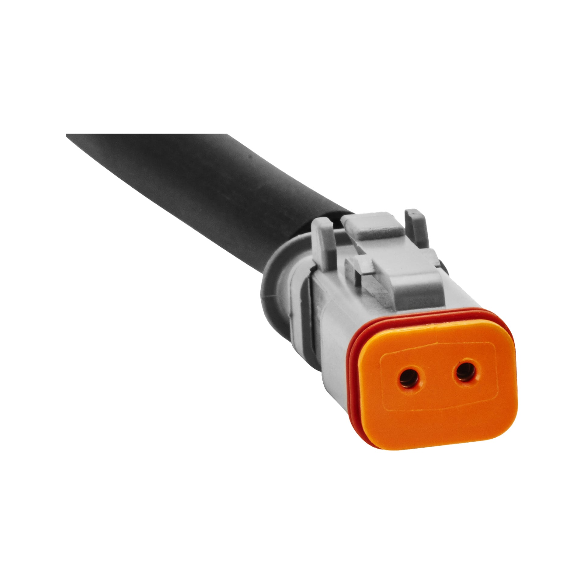 En närbild av en svart elkabel som slutar i en Hamron DT-kontakt, som har en grå och orange rektangulär form med två hål.
