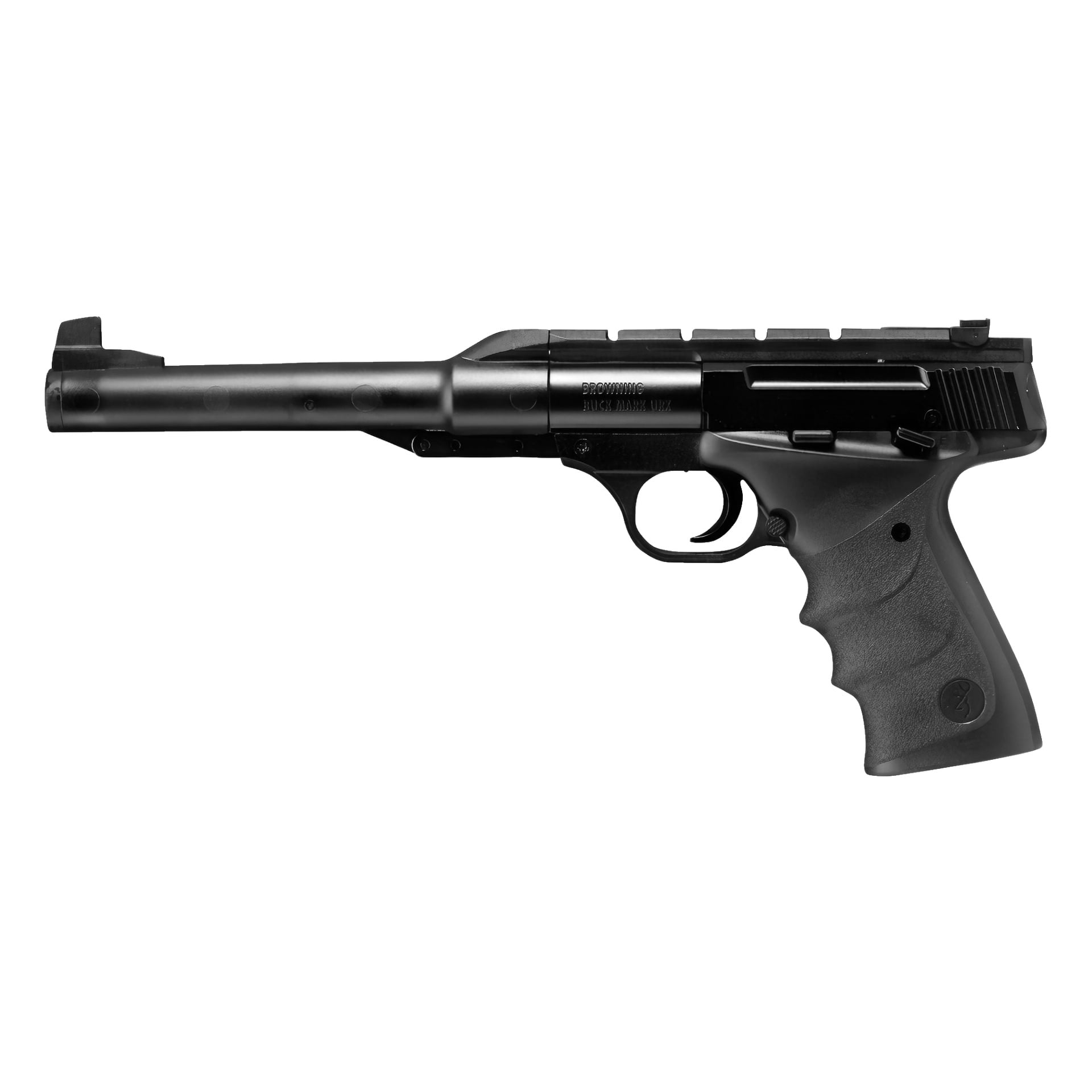 Broń powietrzna Browning Buck Mark URX, pokazana z boku, z czarną półautomatyczną konstrukcją z wydłużoną lufą.