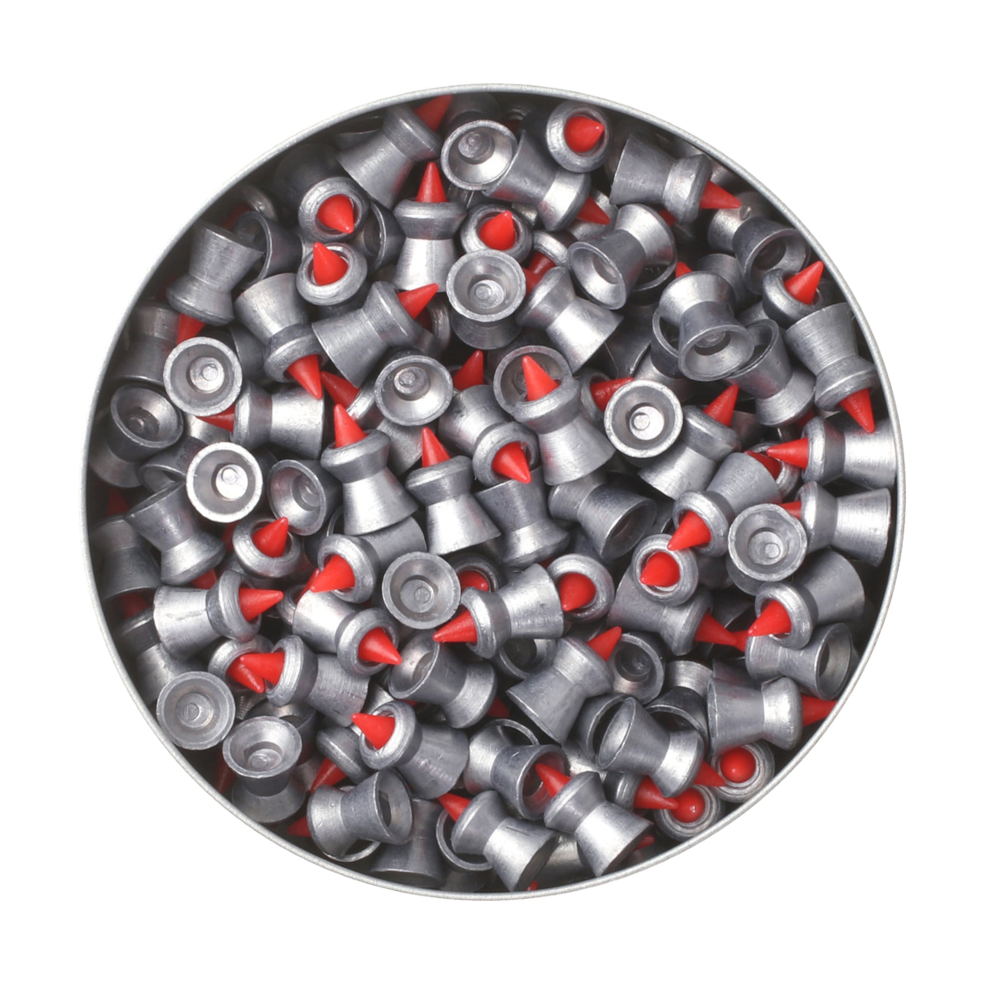 En cirkulär metallplåtplåtstub som rymmer 200 JSB Predator Polymag luftgevärskulor, var och en med en blank silverkropp och en spetsig röd plastspets som pekar uppåt.