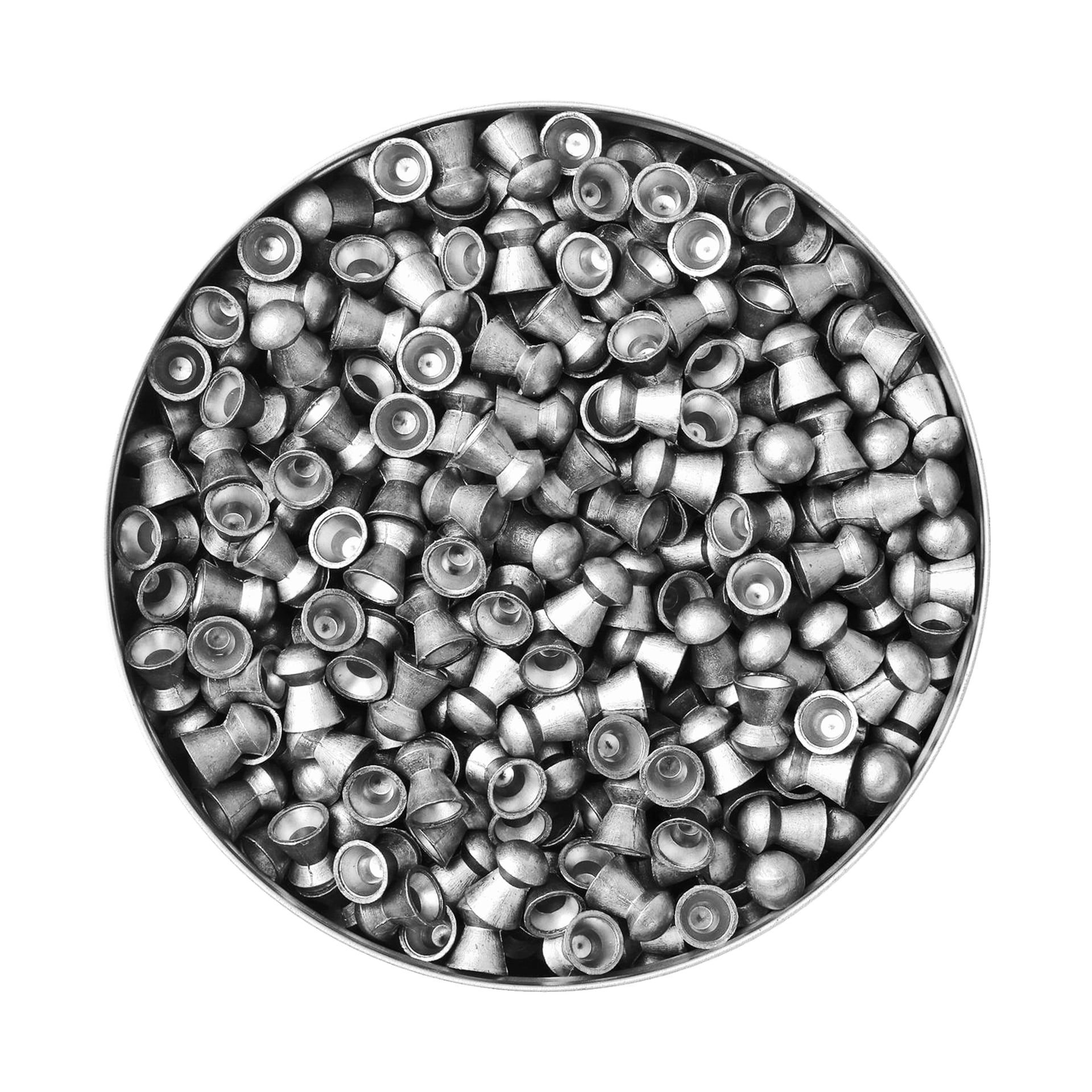En rund metallburk märkt JSB luftpistolspellets Exact 500-pack, innehållande många små silverkulor, sedda ovanifrån.