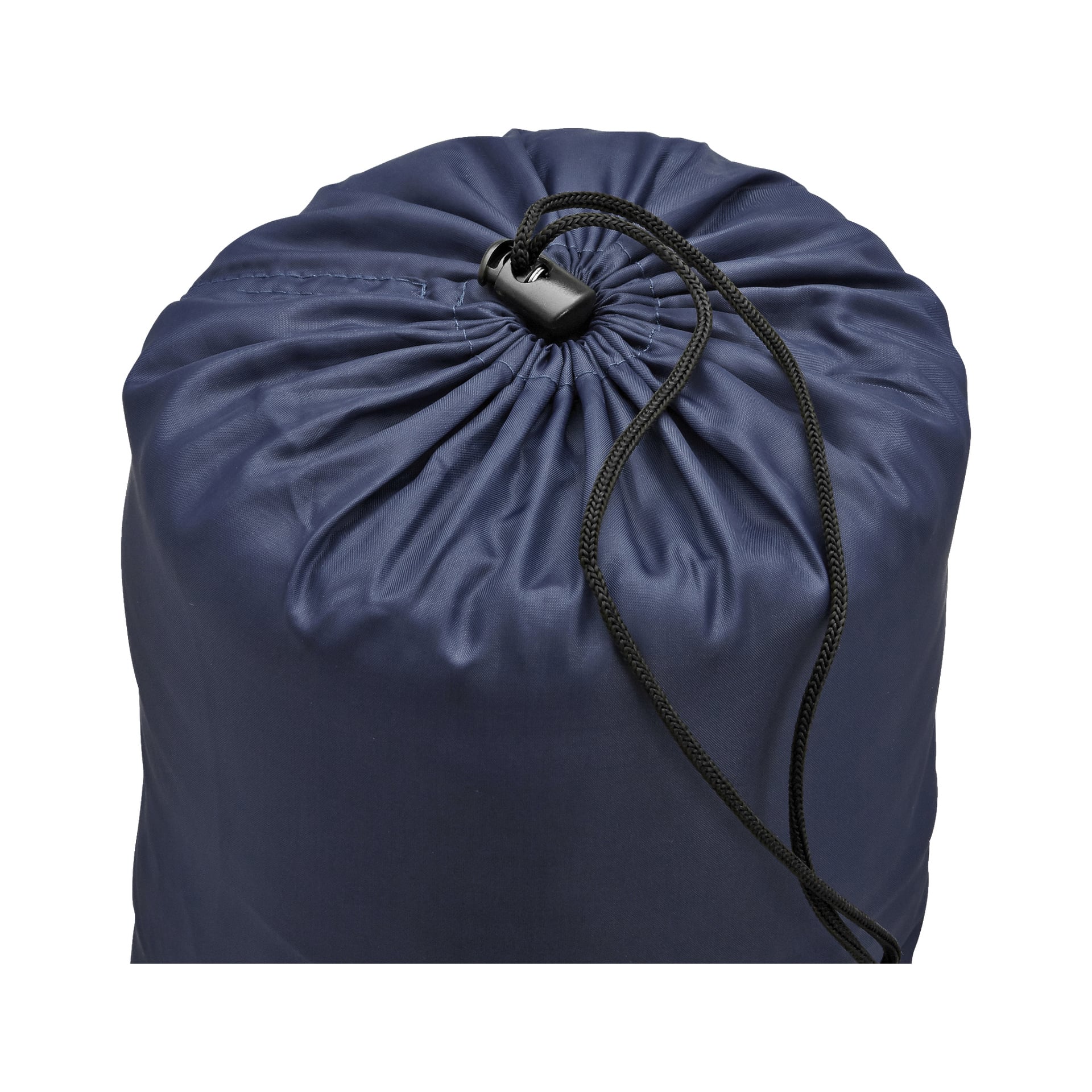 En närbild av Kayoba Sleeping Quilt-väskan visar dess marinblå färg med svart snöre och plastvipplås som är åtdragna upptill. Det släta syntetiska tyget syns i detalj.