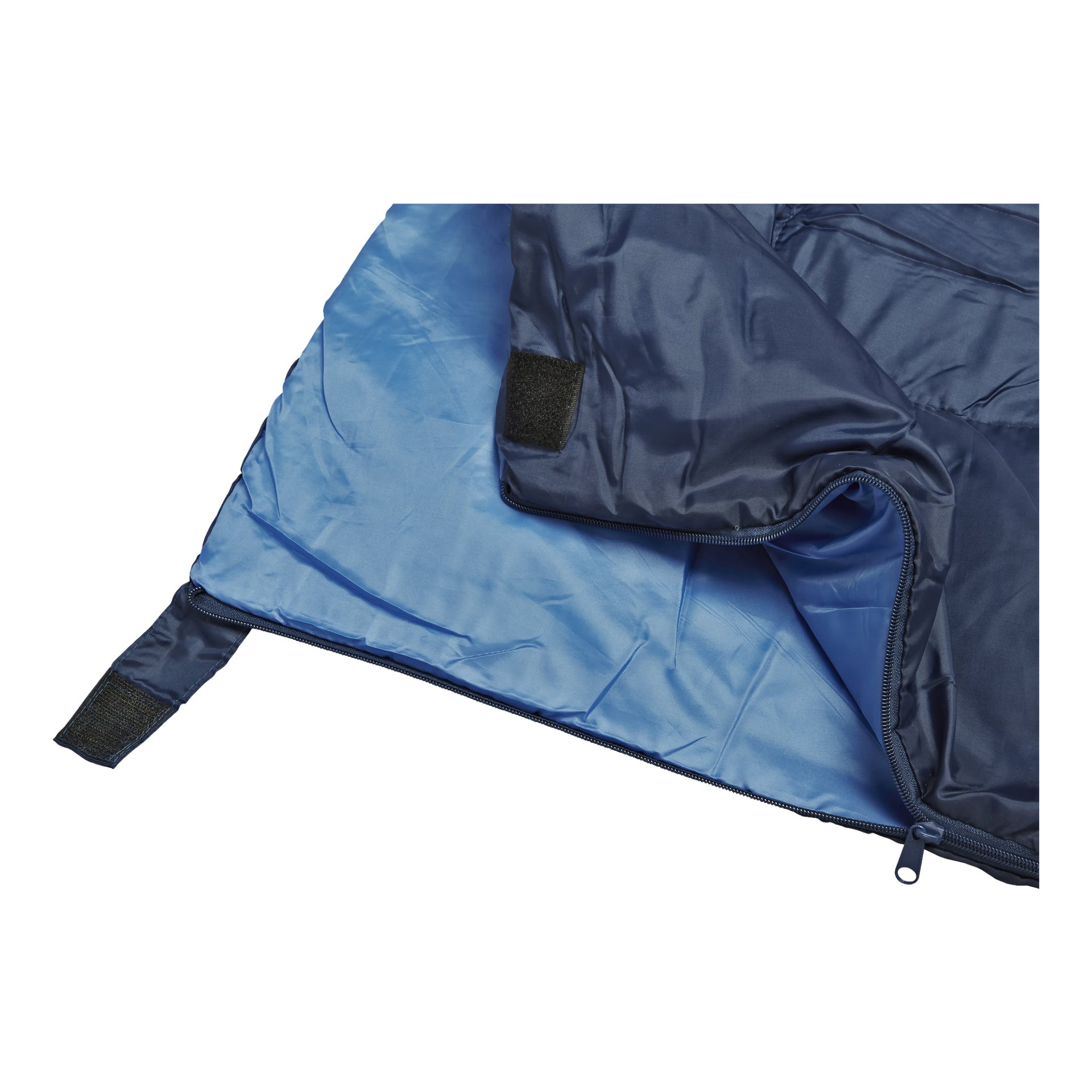 En detaljerad vy av Kayoba Sleeping quilt visar en öppen dragkedja och två svarta borreband, som blottar ett ljusblått innerfoder mot ett mörkblått yttre skal.