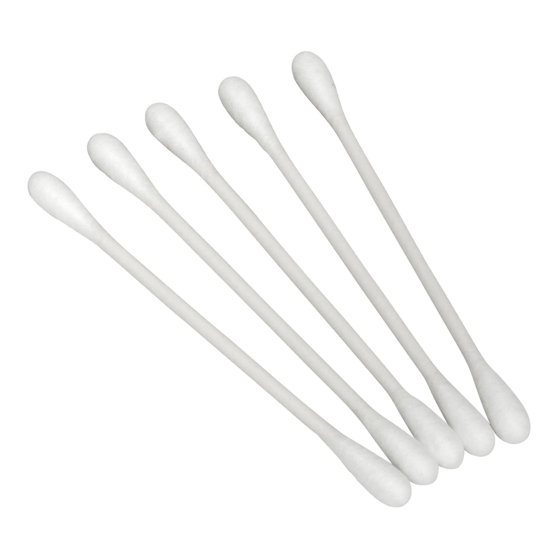 Fem rene, ubrukte bomullspinner fra Cotton swabs 200-pakken fra Menuett er arrangert diagonalt, hver med dobbelsidige bomullstupper og jevnt fordelt.