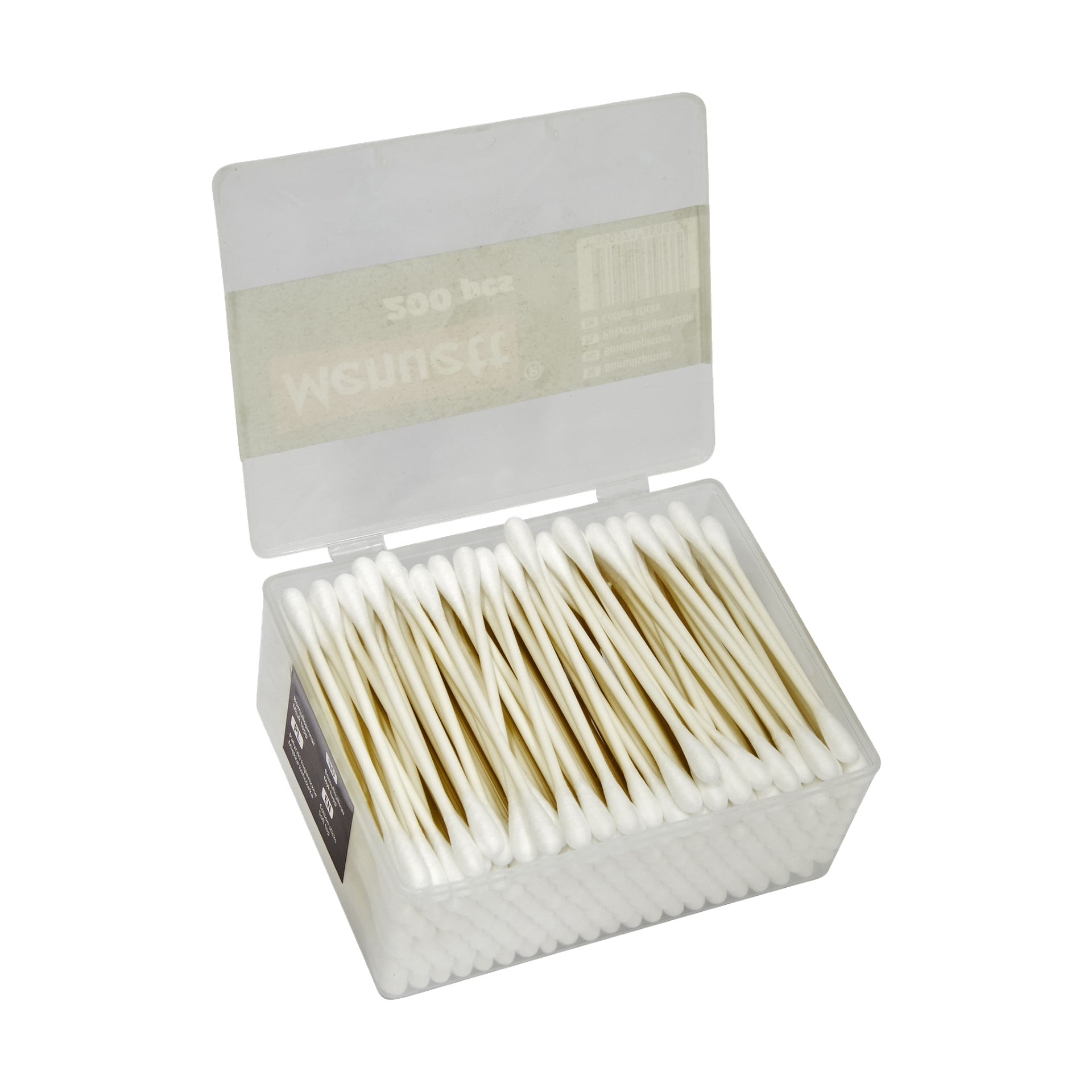 En åpen, gjennomsiktig plastboks med Menuett Cotton swabs 200-pakke viser pent forede bomullspinner med hvite tupper og lysebrune stilker. Etiketten inkluderer produktdetaljer og en strekkode som viser Menuett Cotton swabs 200-pakke.