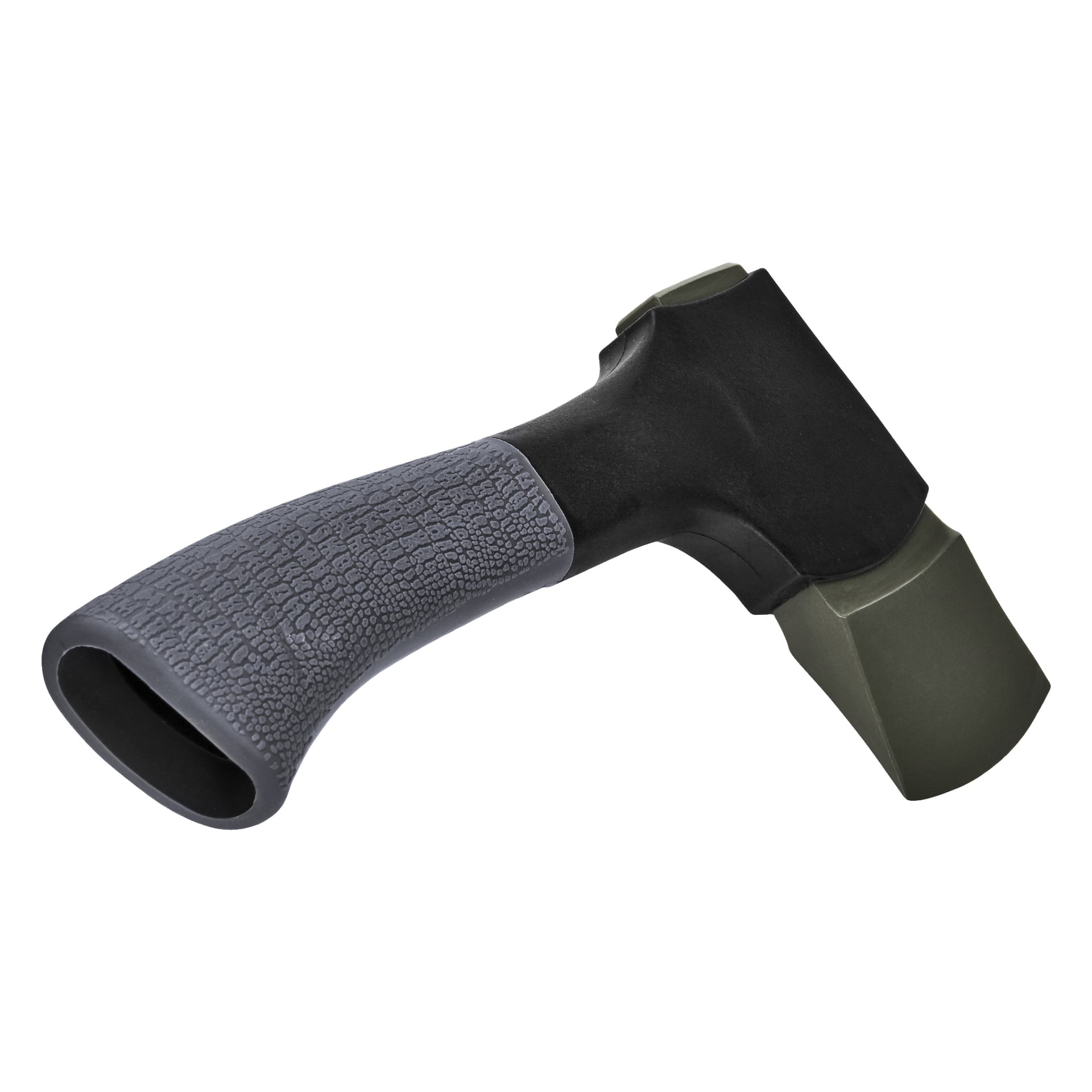 Kayoba Outdoor Camper Axe z czarną metalową głowicą i konturowaną, fakturowaną szarą rączką, prezentującą widoczną krawędź ostrza oraz kompaktową, ergonomiczną konstrukcję odpowiednią do aktywności na świeżym powietrzu.