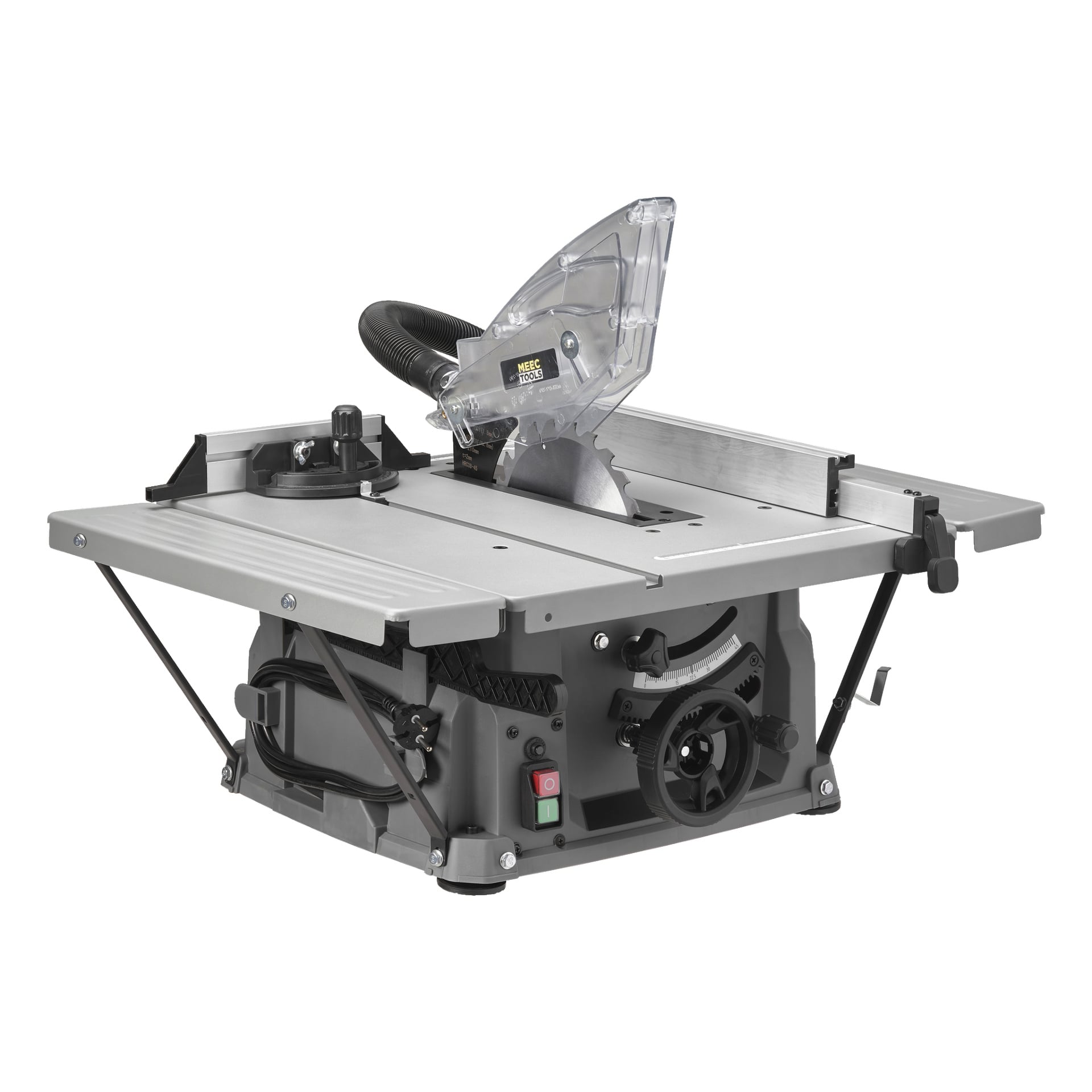 Die Meec Tools Tischkreissäge TS-W HOME 300 ist tragbar, verfügt über eine Rundklinge, einen durchsichtigen Schutz, Bedienknöpfe und eine Metallschnittfläche.