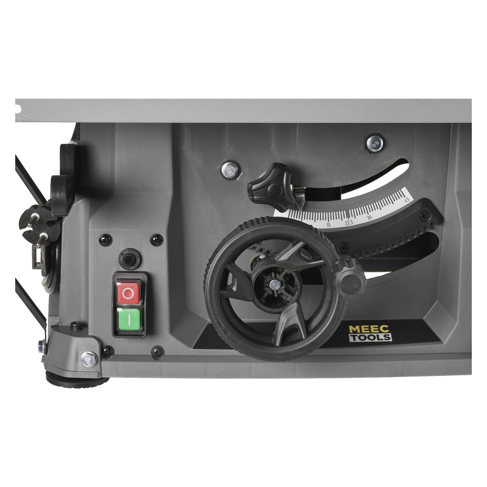 Nahaufnahme eines Kreissägenpanels von Meec Tools Table, das ein großes Einstellrad, einen schwarzen Knopf, eine Winkelanzeige, einen Powerschalter, Schrauben und ein Etikett zeigt.
