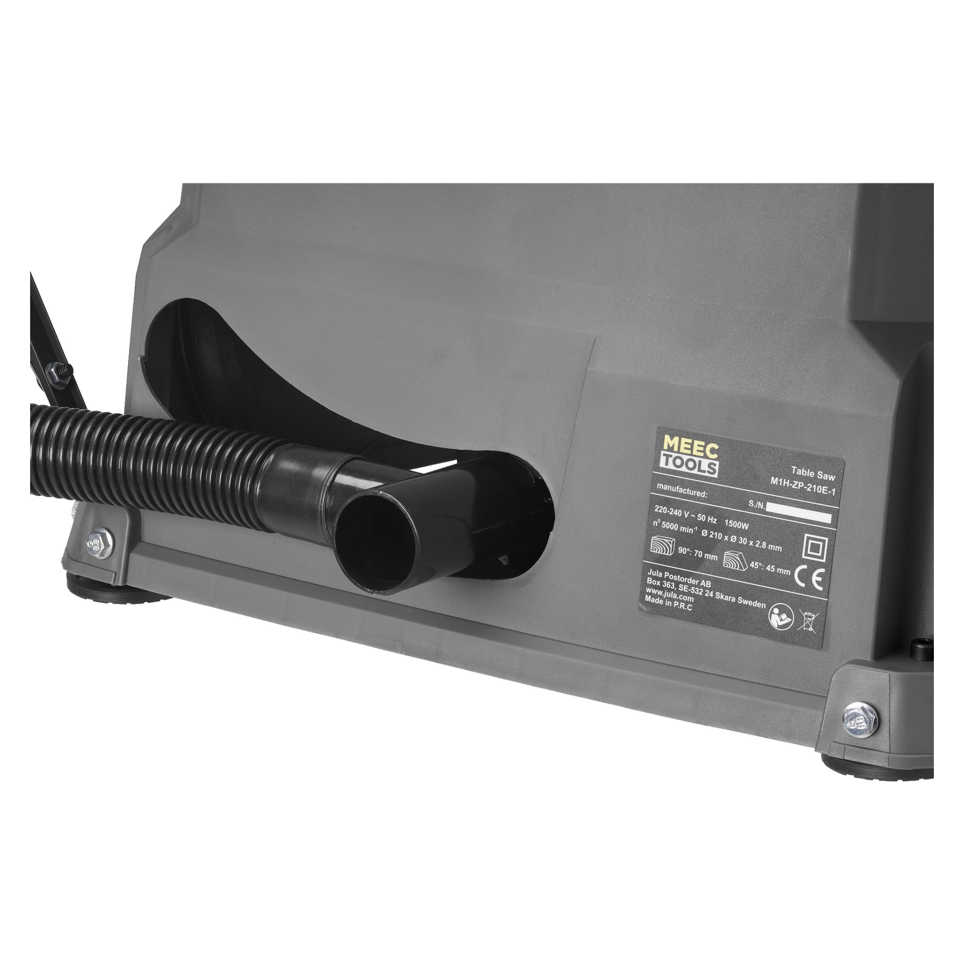Nahaufnahme von Meec Tools TS-W HOME 300 grauer Sägebasis mit schwarzem Schlauch am Anschluss und einem Etikett mit Spezifikationen und Branding.