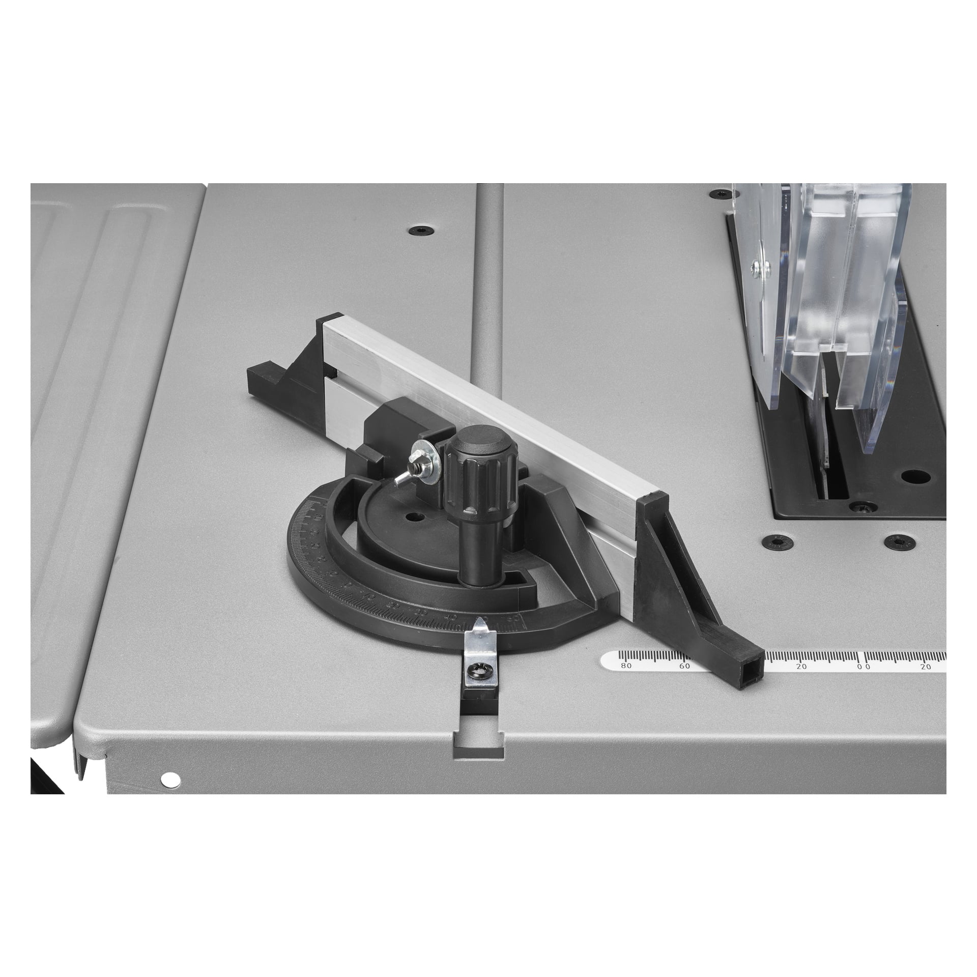 Nahaufnahme der Kreissäge TS-W HOME 300 von Meec Tools Table, die die Gehrungsmesse, den Anschlag mit Markierungen, den Knopf und den Klingenschutz hervorhebt.