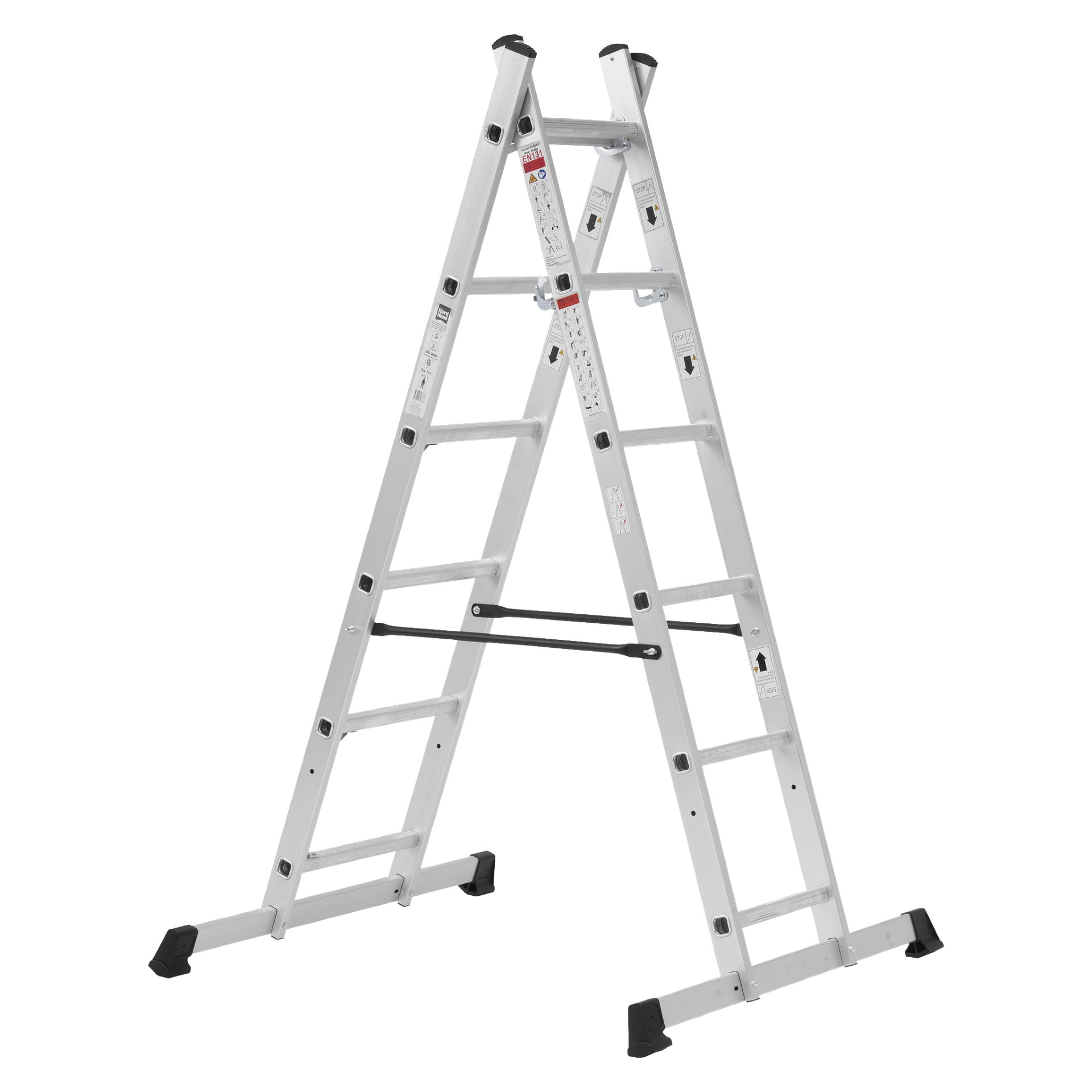 En Hard Head Combination-stige med en 2x6 trinns plattform er fullt utvidet i en A-rammeform, med svarte stabiliserende føtter og sikkerhetsmerker på sidene.