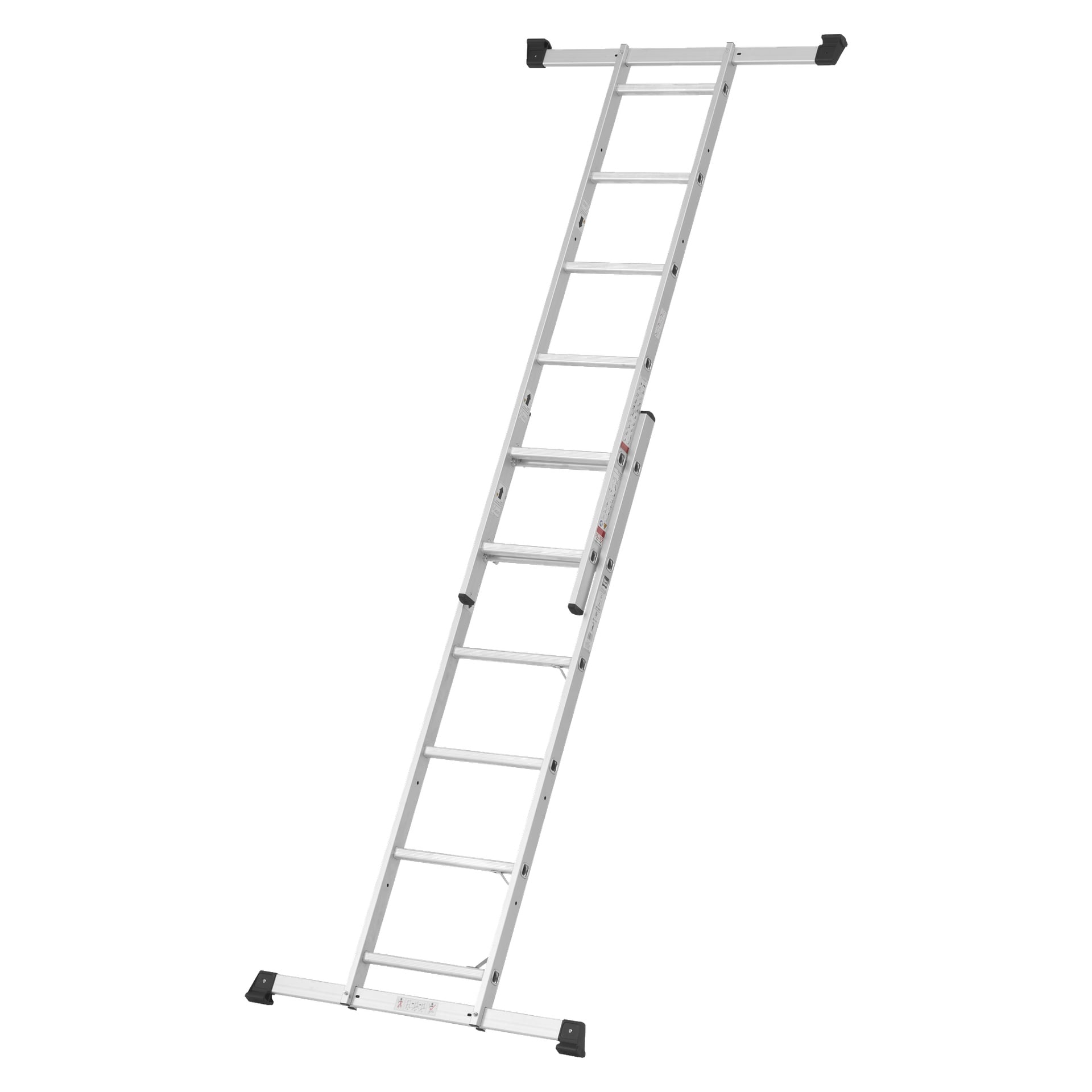 En sølvfarget Hard Head Combination-stige med plattform (2x6 trinn) er plassert i en vinkel. Aluminiumstigen har en solid bred base, flere trinn for klatring, og svarte gummilokkede føtter, designet for trygg tilgang til forhøyede områder.