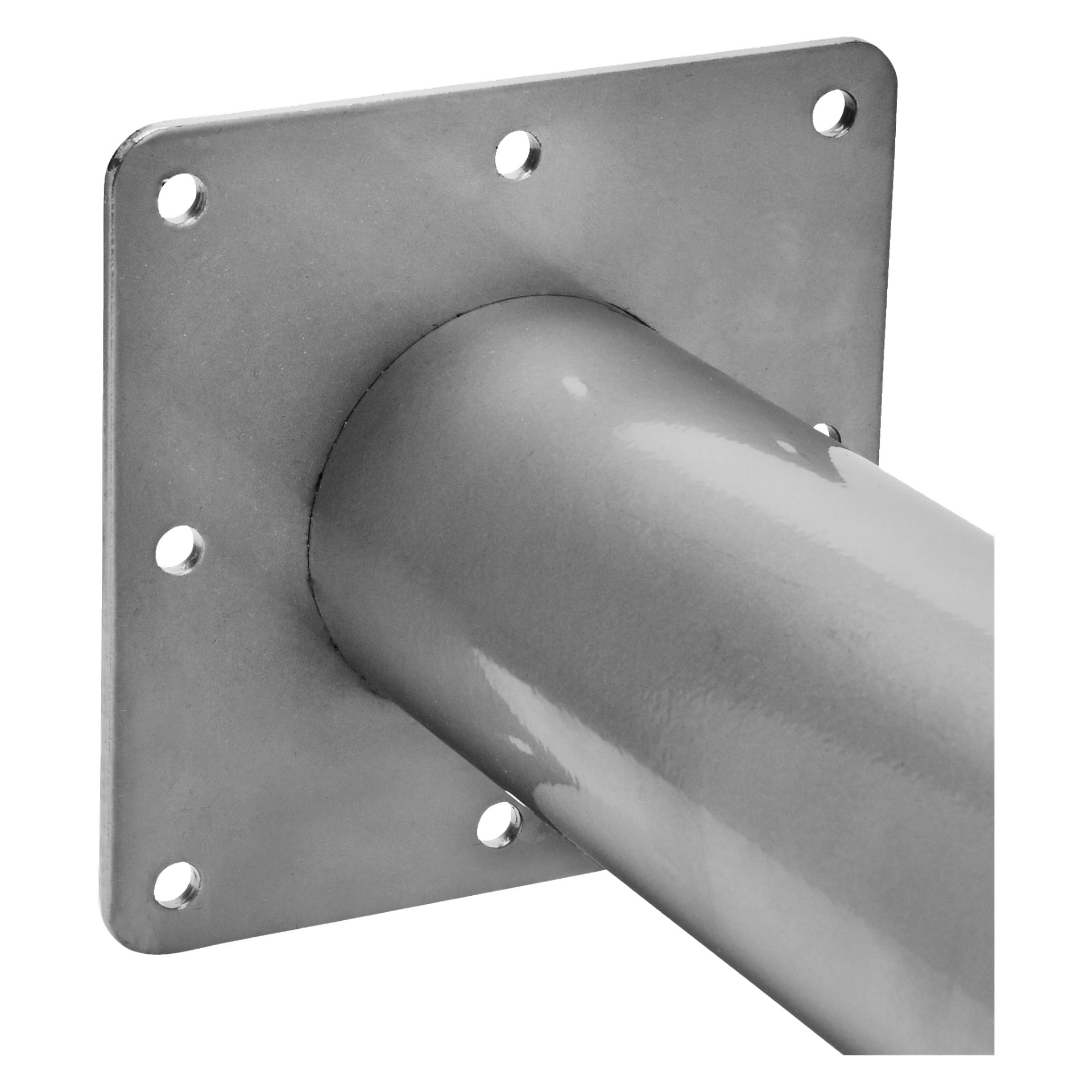 En närbild av Hard Head Furniture-benet visar ett metallrör svetsat till en fyrkantig monteringsplatta med sex jämnt fördelade bulthål.