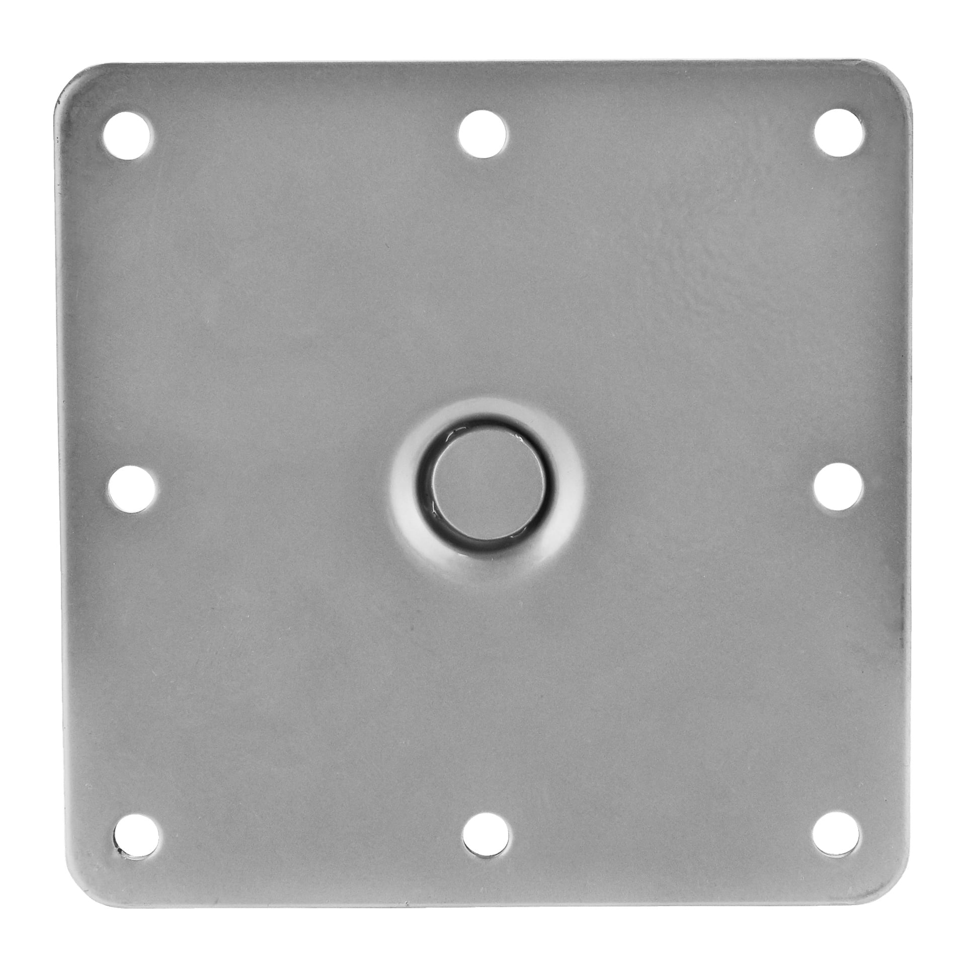 Kwadratowa metalowa noga meblowa autorstwa Hard Head, zaprojektowana z ośmioma równomiernie rozmieszczonymi otworami na krawędziach i centralnym, podniesionym okrągłym detalem, wykończona gładką, matową fakturą.
