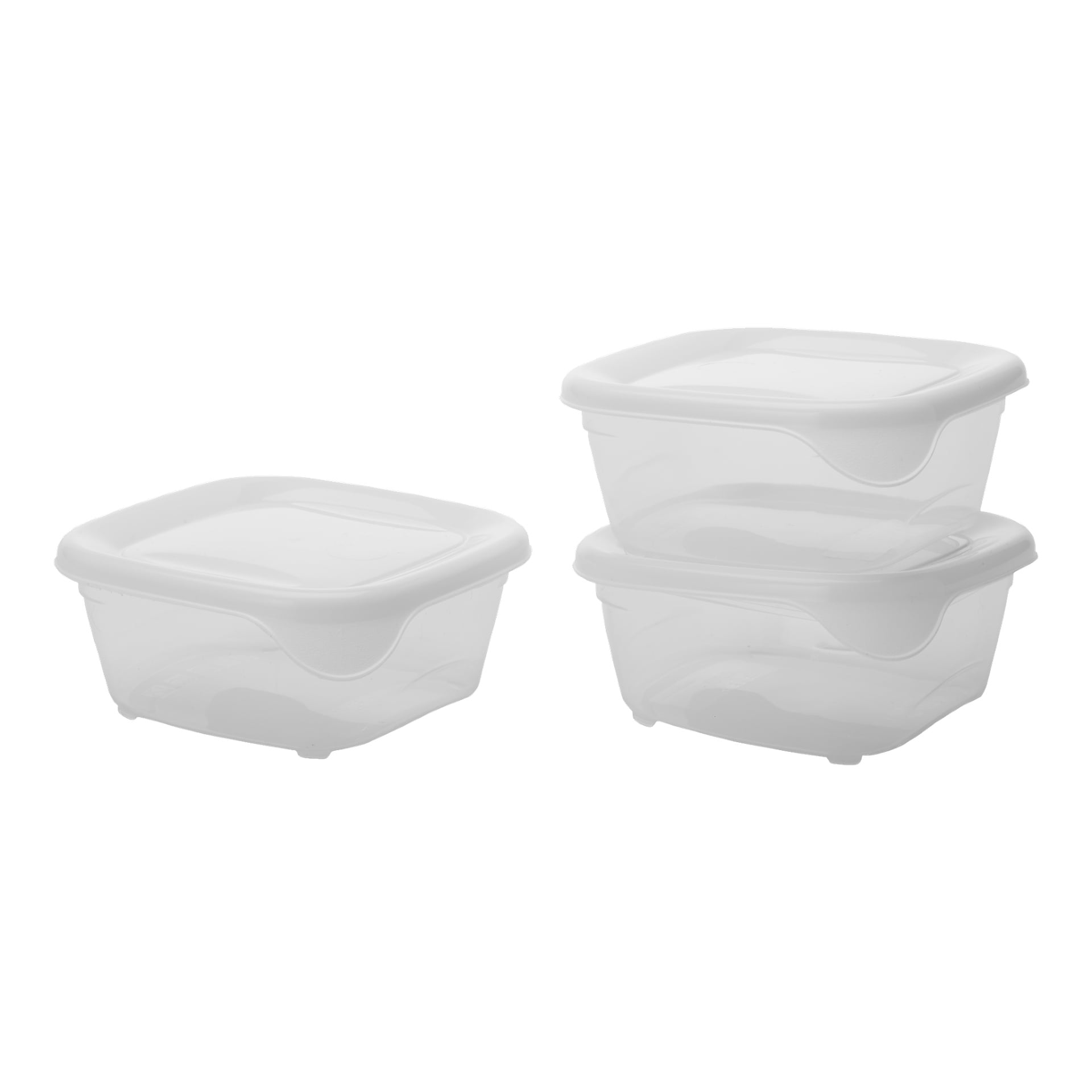 Tre genomskinliga plastlunchlådor från Menuett med vita lock är synliga, en placerad till vänster och två staplade till höger. Varje matlåda är tom.