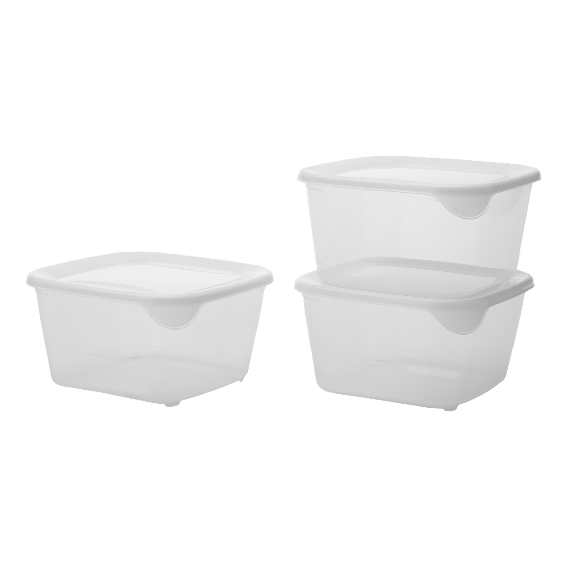 Tre Menuett-lunchlådor med genomskinliga plastkroppar och vita lock visas, två staplade till höger och en placerad separat till vänster. Behållarna är tomma.