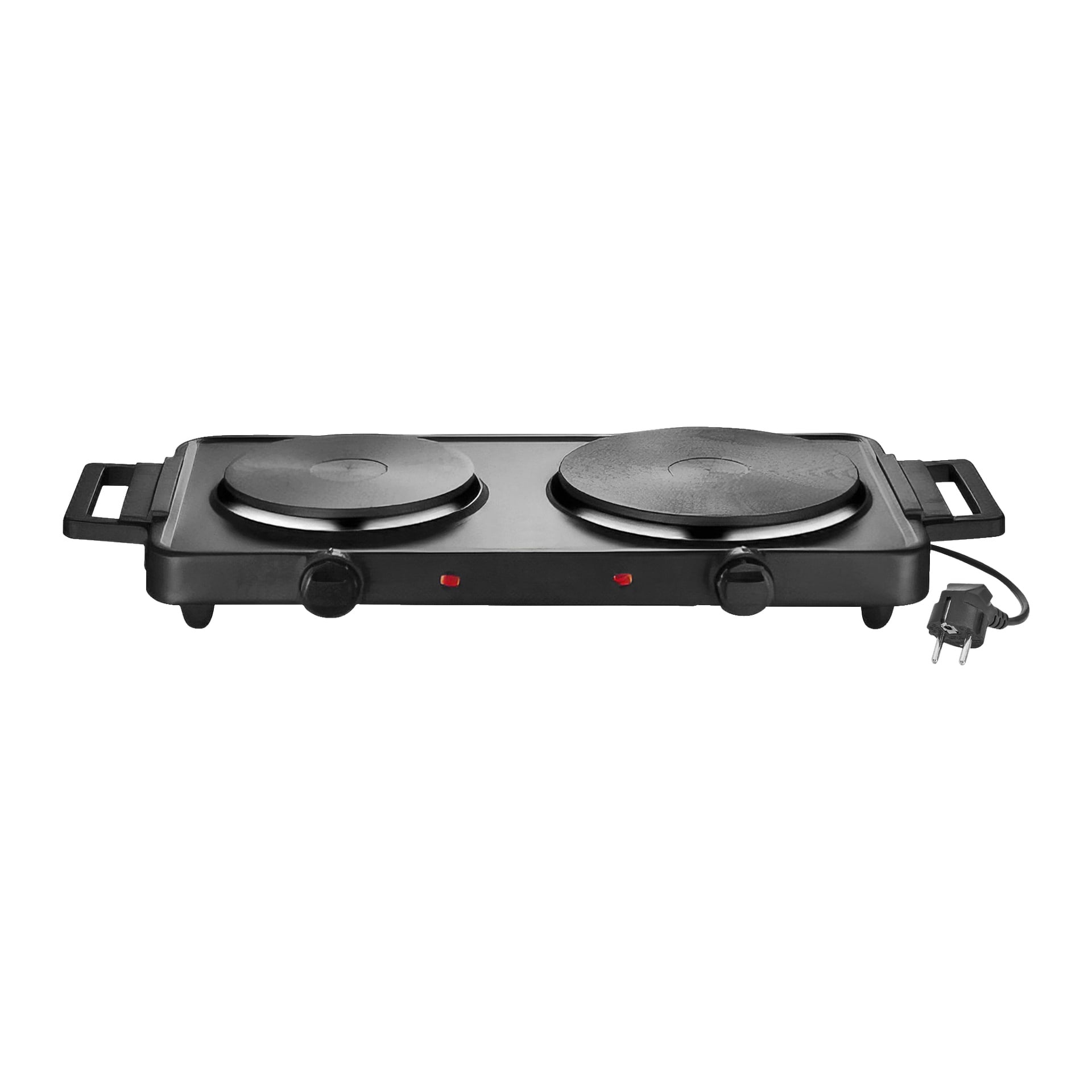 Menuett Double Burner z dwoma palnikami, pokrętłami sterującymi, podwójnymi kontrolkami, bocznymi uchwytami oraz kablem zasilającym z wtyczką.