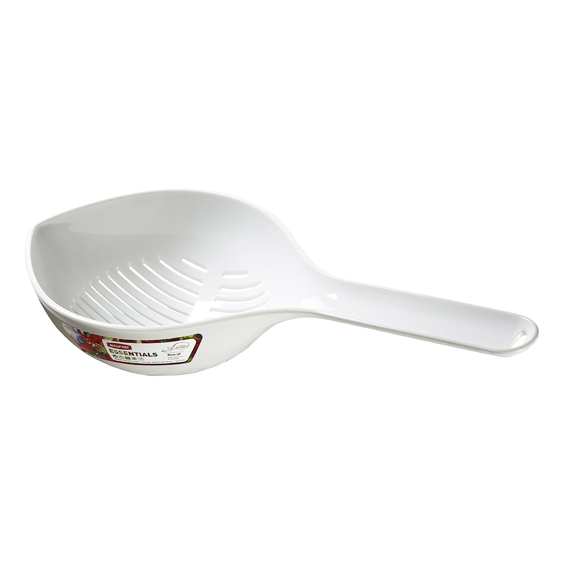 Vit plast-Menuett-sil med långt handtag och dräneringsspår, med en produktetikett där det står ESSENTIALS och Rice.