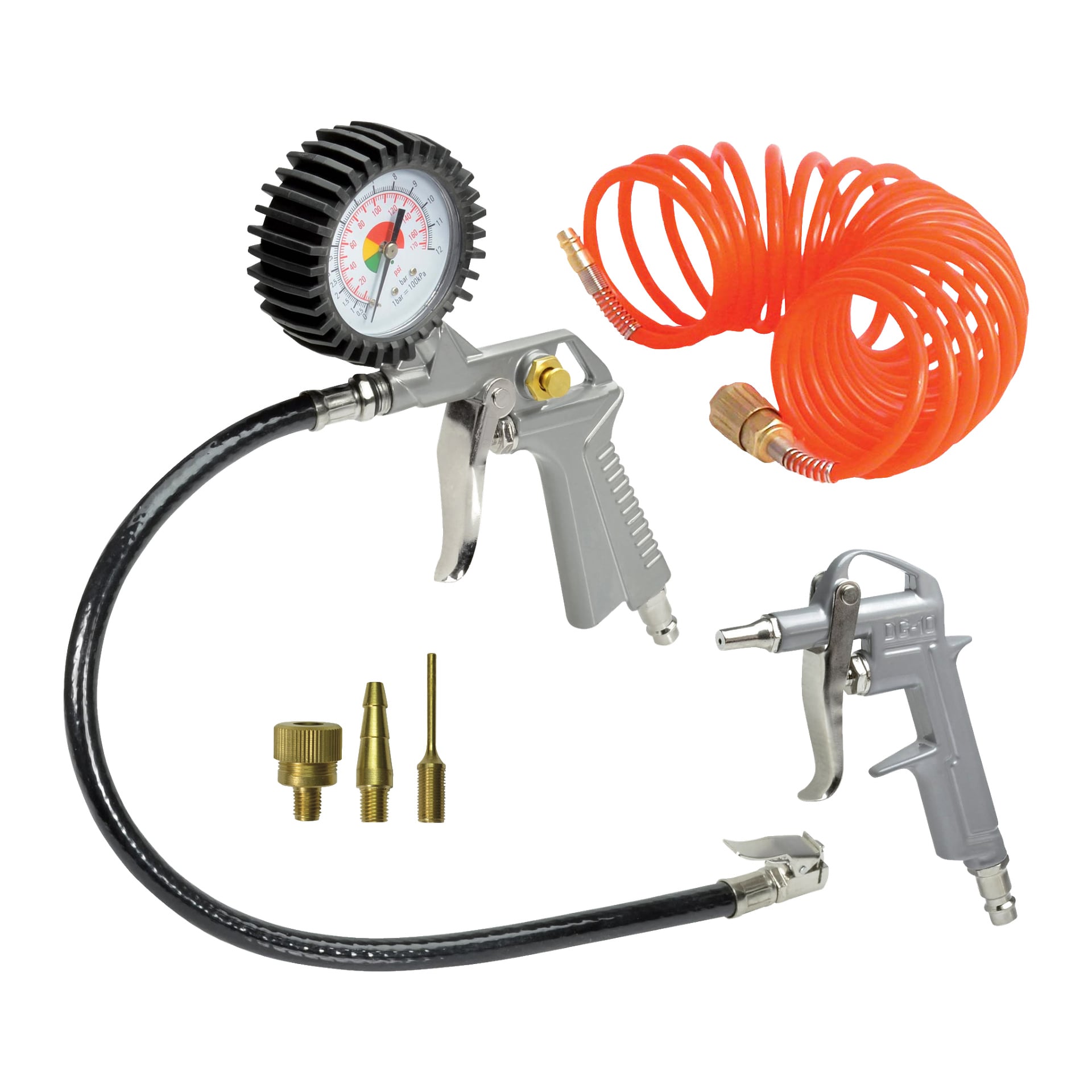 Stanley Pneumatic Tool 6-delade set har en tryckmätare, svart flexibel slang, orange spiralad luftslang, två luftmunstycken, en mässingskontakt, en kort adapter och en grå luftblåspistol. Föremålen är prydligt organiserade tillsammans.