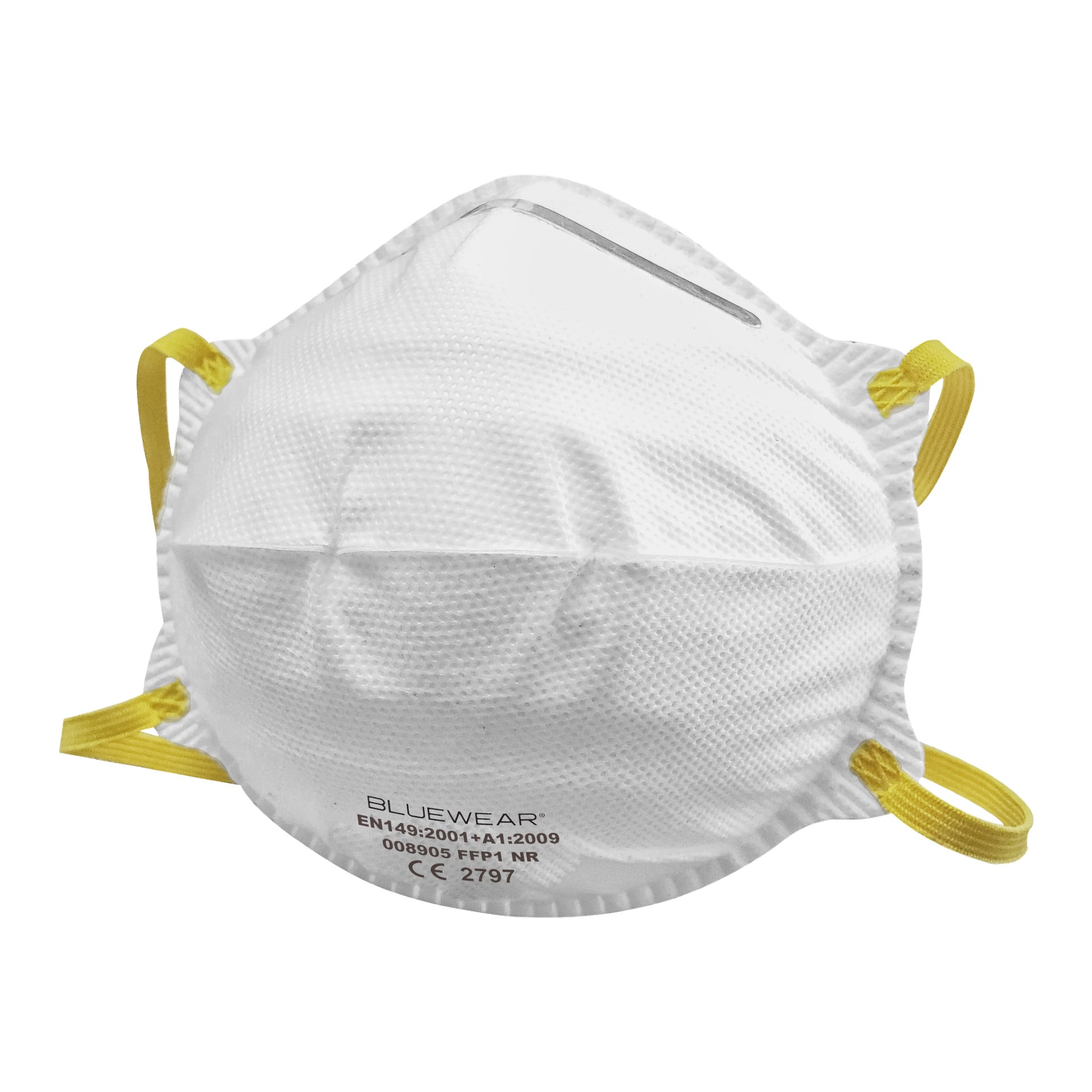 En vit Bluewear dammfiltermask med gula gummiband och en metallnäsklämma, märkt som FFP1 NR-certifierad.