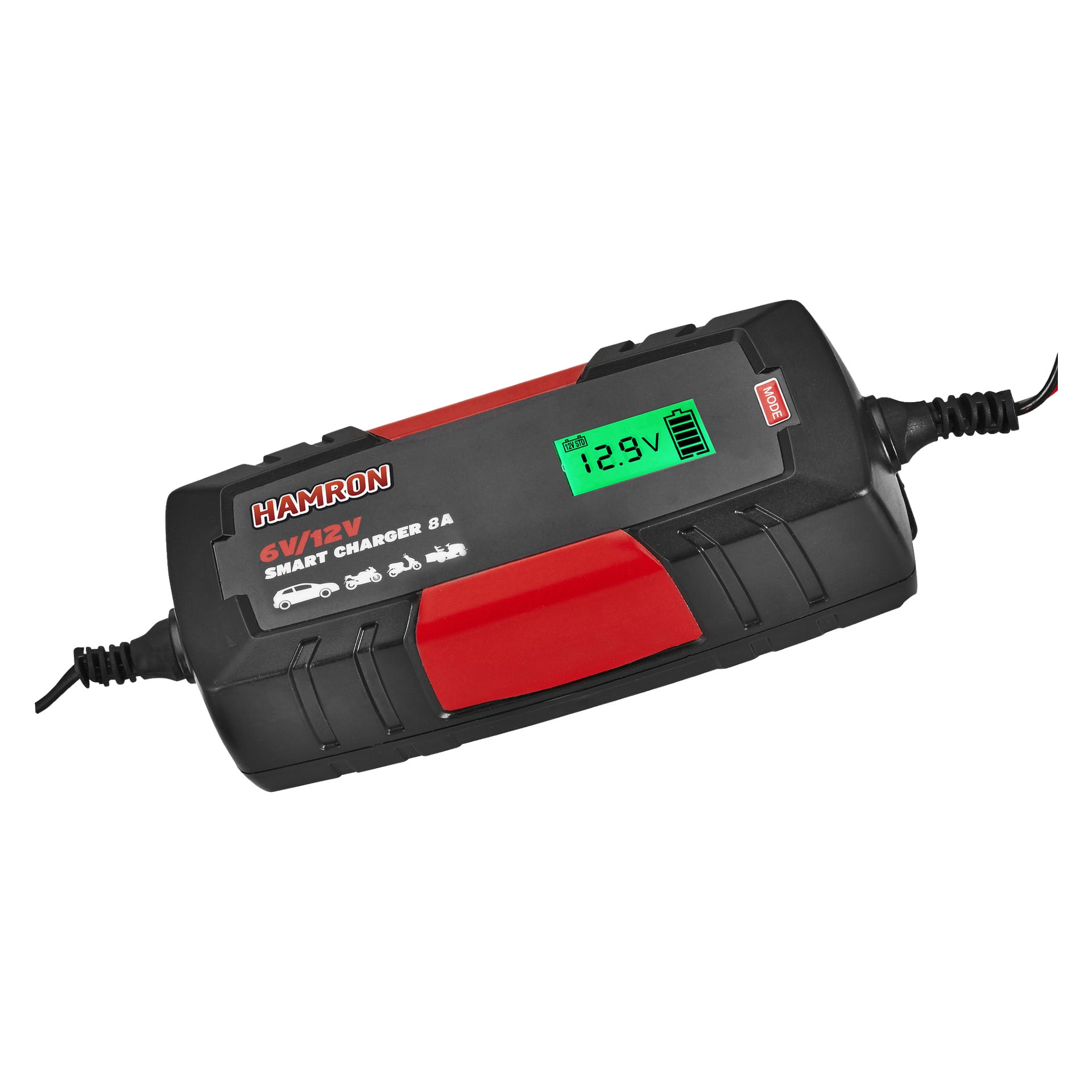 En svart og rød Hamron-batterilader er koblet til, med en digital skjerm som viser 12,9V og ulike bilikoner på overflaten.
