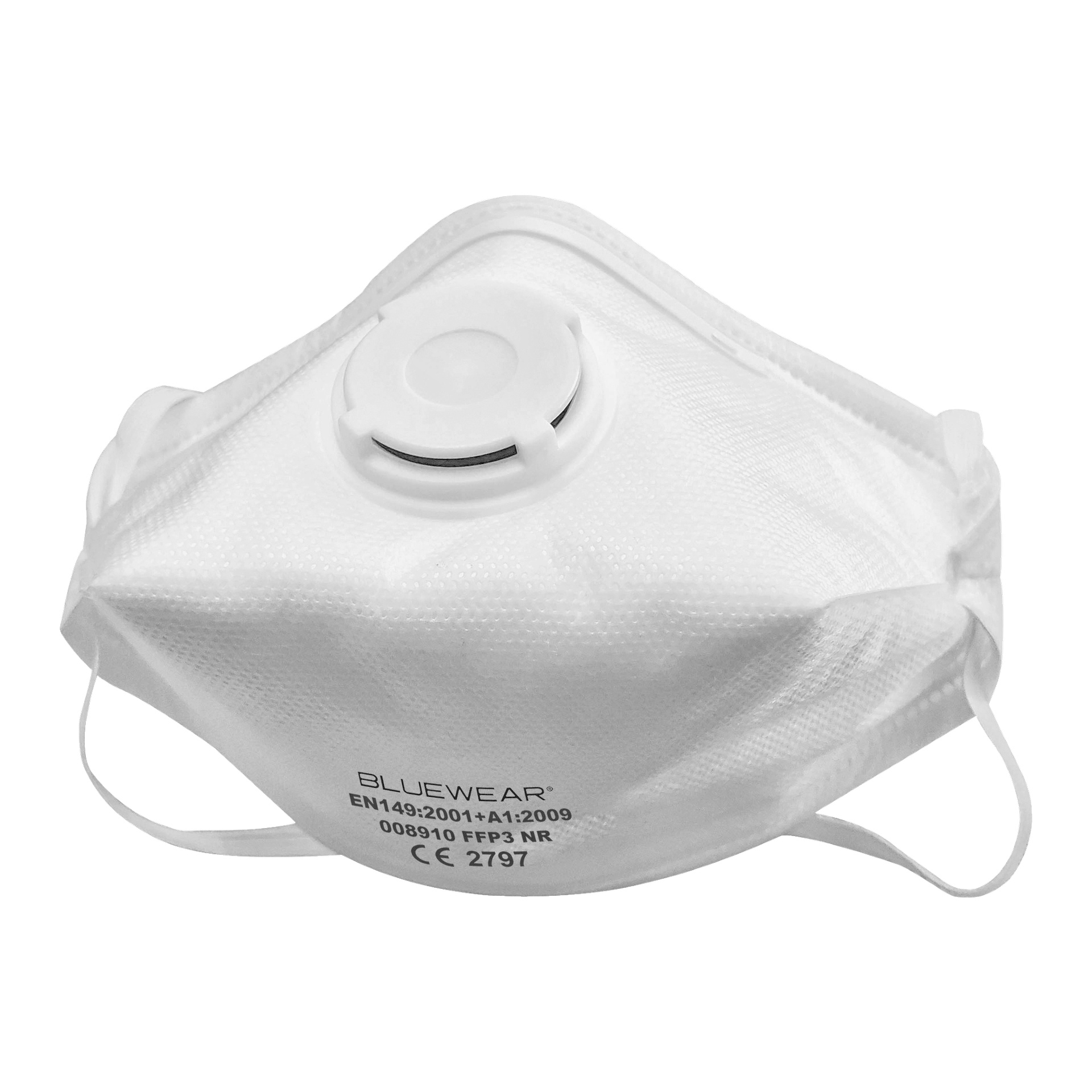 En vit Bluewear-dammfiltermask med en utandningsventil, två öronöglor och certifieringsdetaljer tryckta på framsidan. Masken verkar oanvänd.