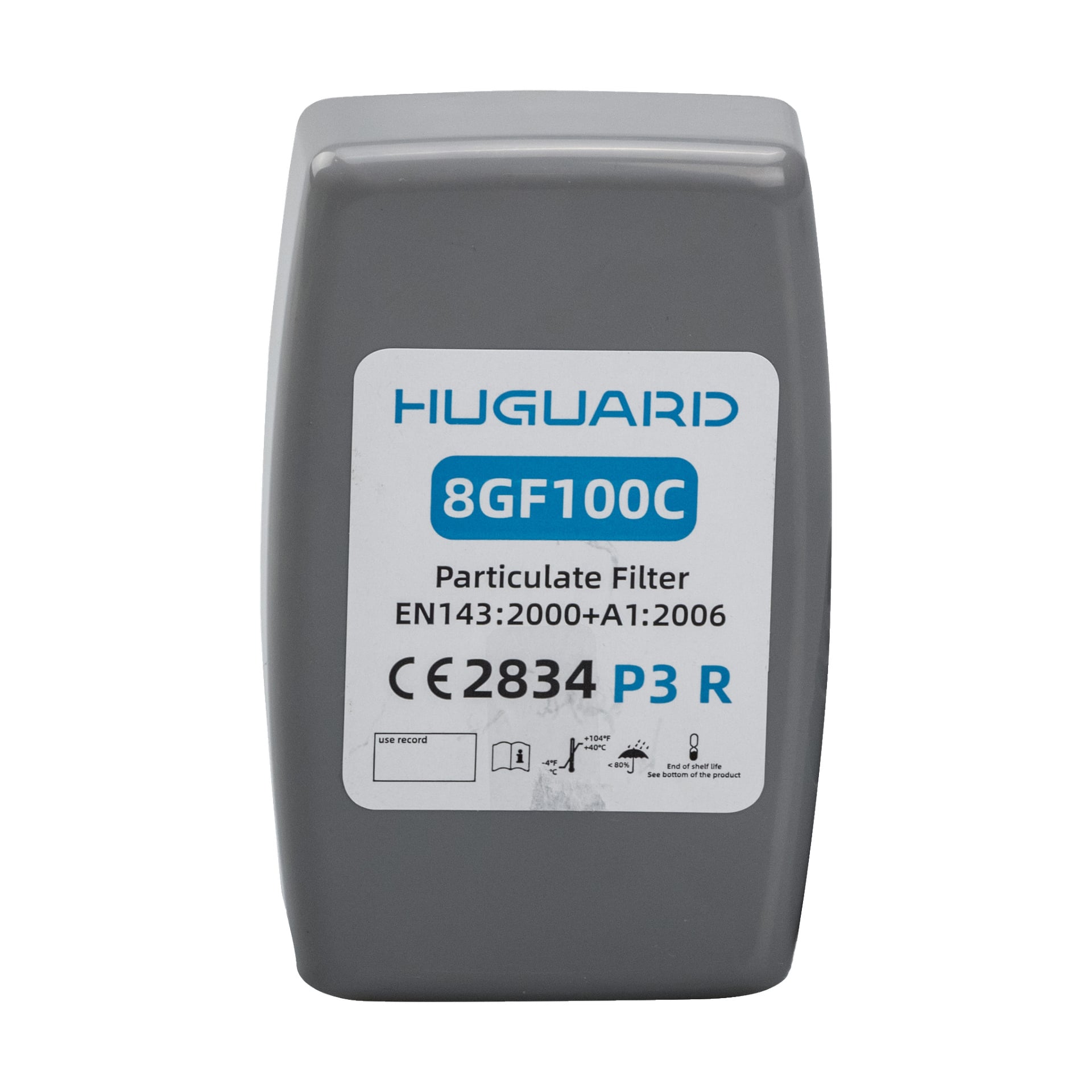 Bluewear P3-filter 2-pack med grå rektangulära partikelfilter, där varje filter har en vit etikett med certifieringsdetaljer, användningssymboler och modellinformation inklusive EN143:2000+A1:2006, CE 2834 och P3 R.