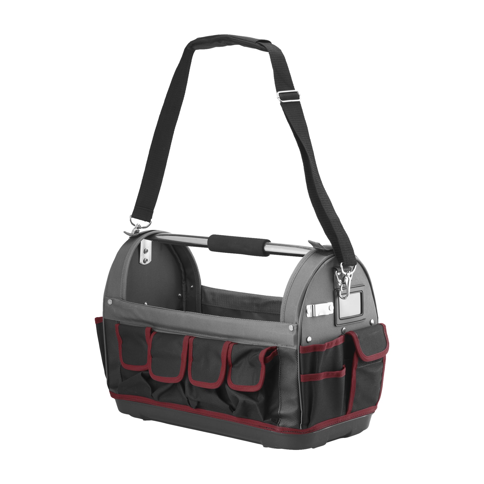 En Meec Tools "Tool bag 40 fack" gjord av svart och grått tyg, designad med många yttre fickor, ett stadigt metallhandtag och en justerbar axelrem.