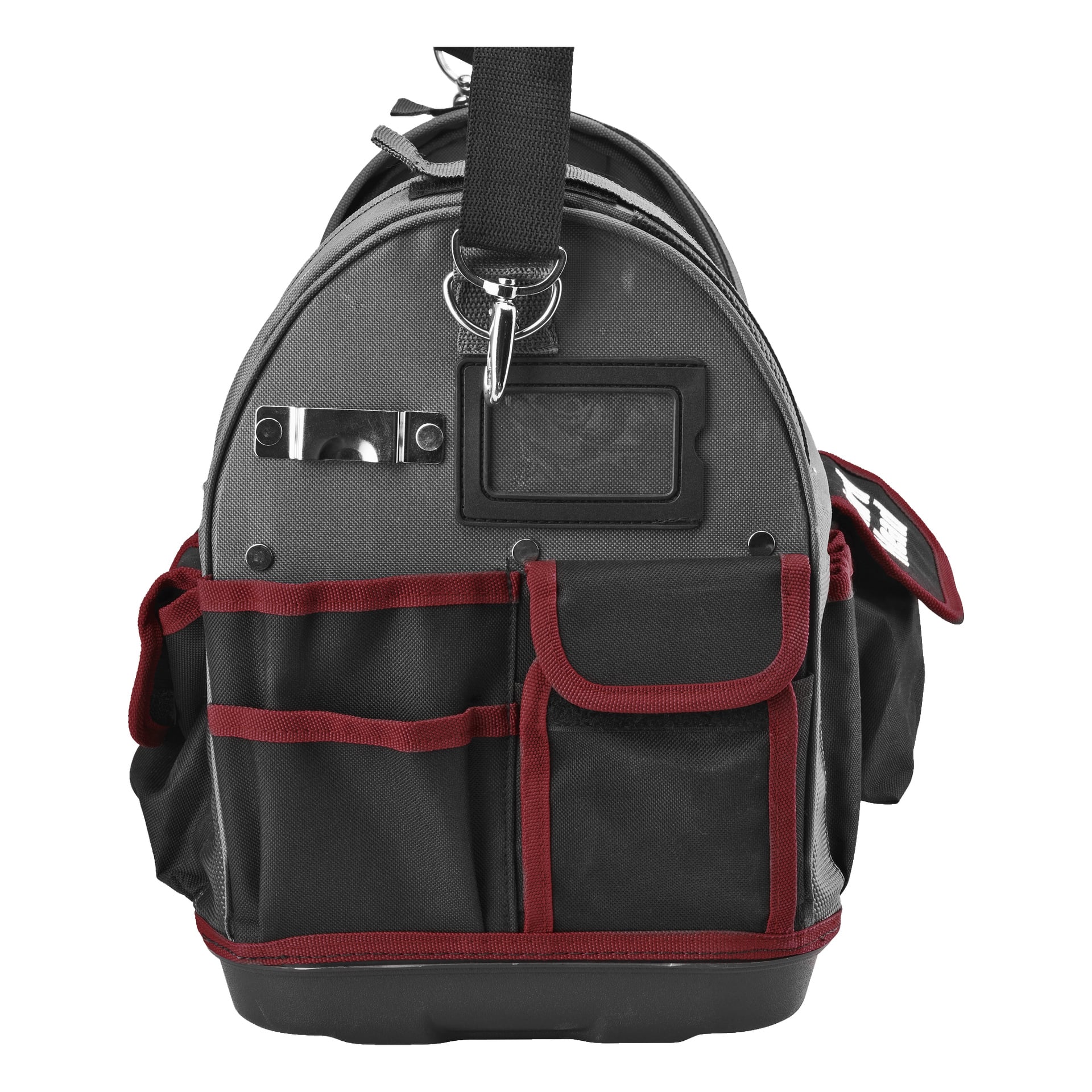 En Meec Tools "Tool bag 40 compartments" visas framifrån i svart och grått med röda detaljer. Den har många yttre fickor, axelrem och ett plast-ID-fönster på ovansidan.