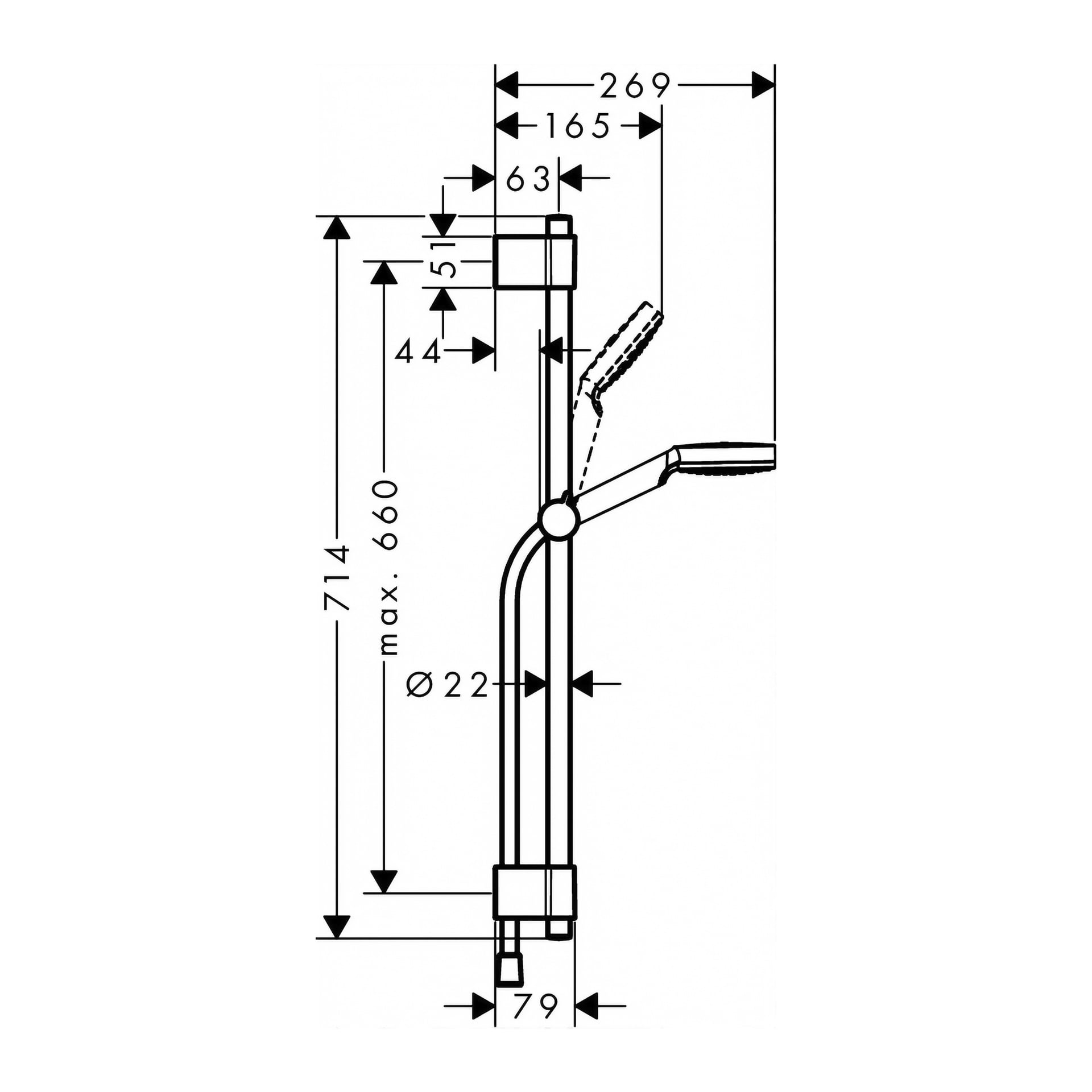 Teknisk ritning av Hans Grohe duschset Crometta Vario, med mått i millimeter angivna på diagrammet. Sidovy visar duschmunstycket, slangen och monteringsfästet. Citerade etiketter inkluderar Crometta Vario och mått som 108 mm, 600 mm och 1750 mm.