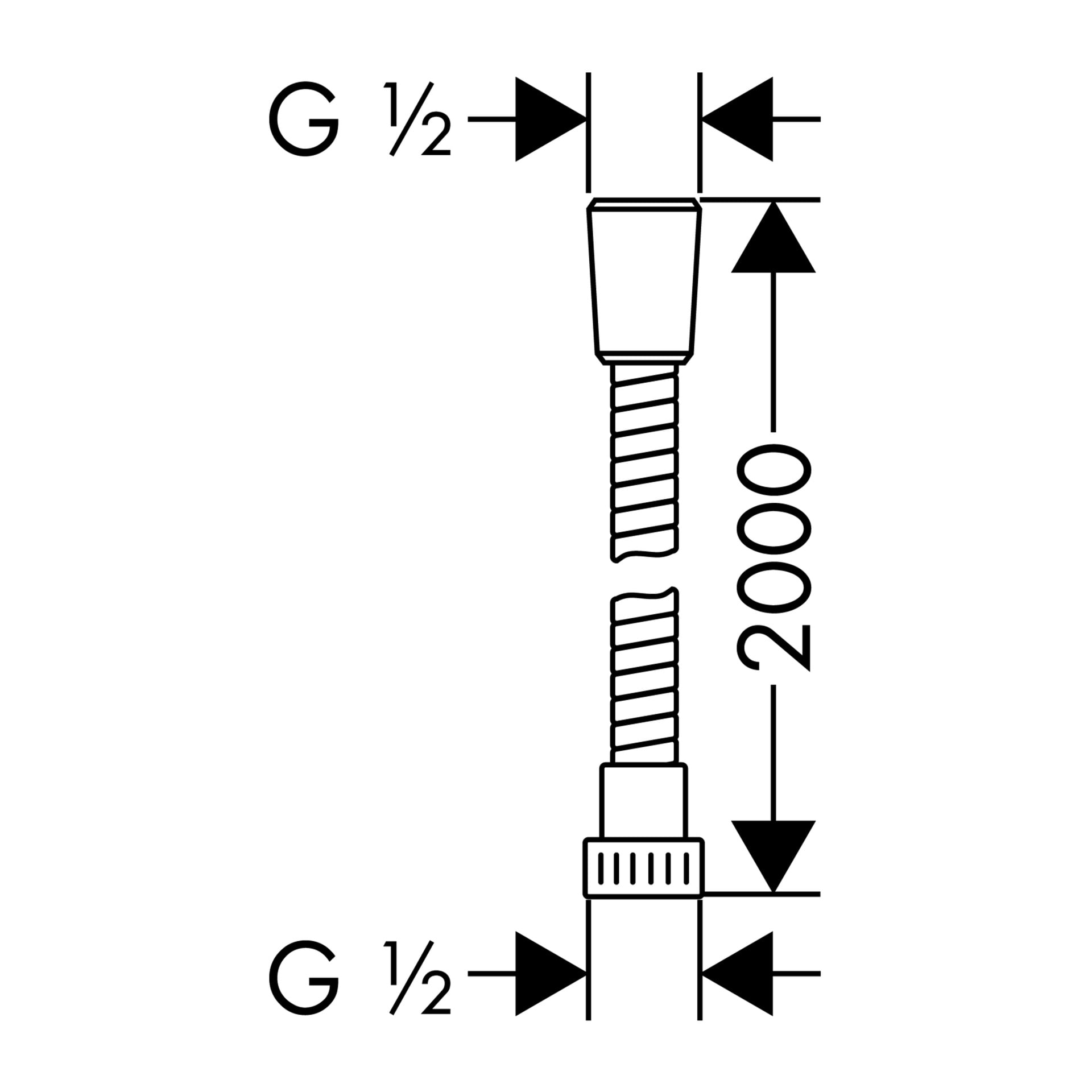 Teknisk diagram över Hans Grohe Shower Slang Mariflex med G 1/2 gängade kopplingar i båda ändar och 2000 markerade i mitten för att ange längd, med pilar och märkta mått.