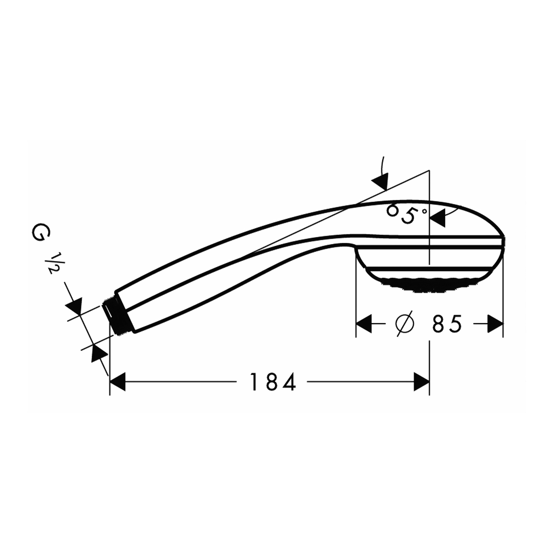 Die technische Zeichnung zeigt die Hans Grohe Crometta Duschdüse mit 184 mm Länge, 85 mm Kopfdurchmesser, 65° Winkel und einem G-1/2-Stecker an der Basis.