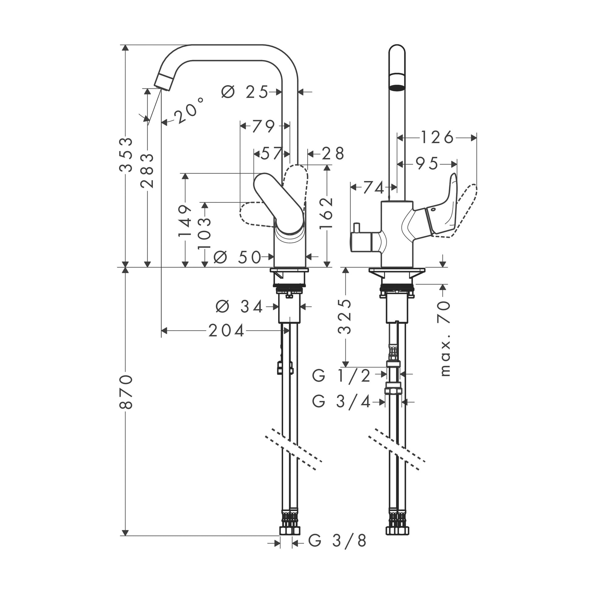 Teknisk ritning av Hans Grohe Kitchen mixer tap Focus, som visar fram- och sidovyer med precisa millimetermått för höjd, pipräckvidd och anslutningar. Etiketter och streckade linjer anger installationsspecifikationer, inklusive text som höjd, pipräckvidd och anslutningar.