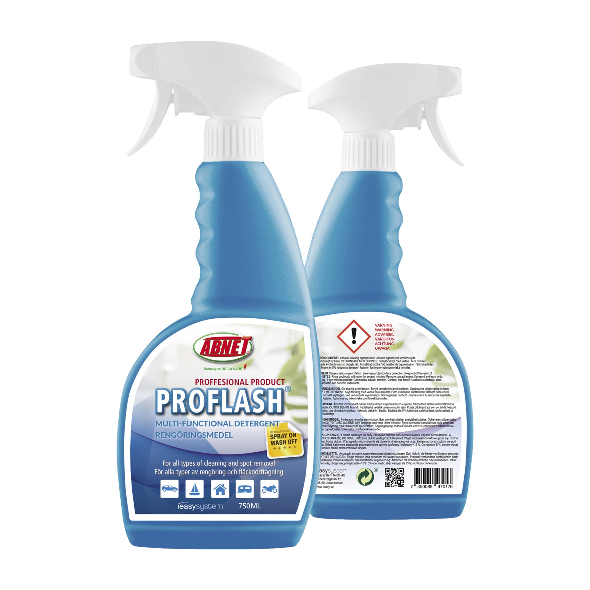 Två blå Abnet Detergent Proflash-sprayflaskor, vardera med 750 ml, är placerade så att både fram- och baketiketten syns. Framsidan visar produktinformation, medan baksidan visar säkerhetsvarningar och en streckkod.